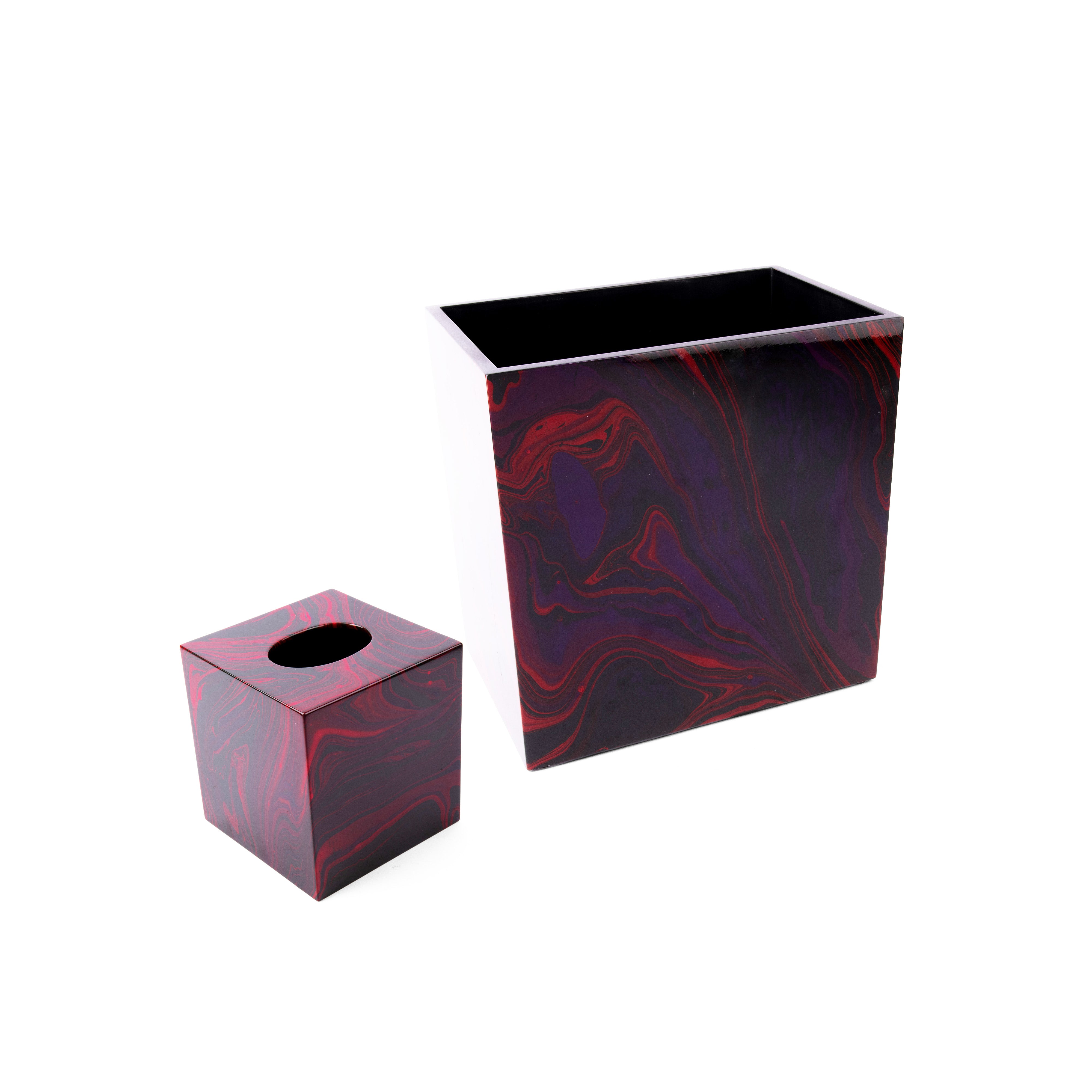 Saigon Interiors. Set of Red Wooden Tissue Box & Wastebasket.