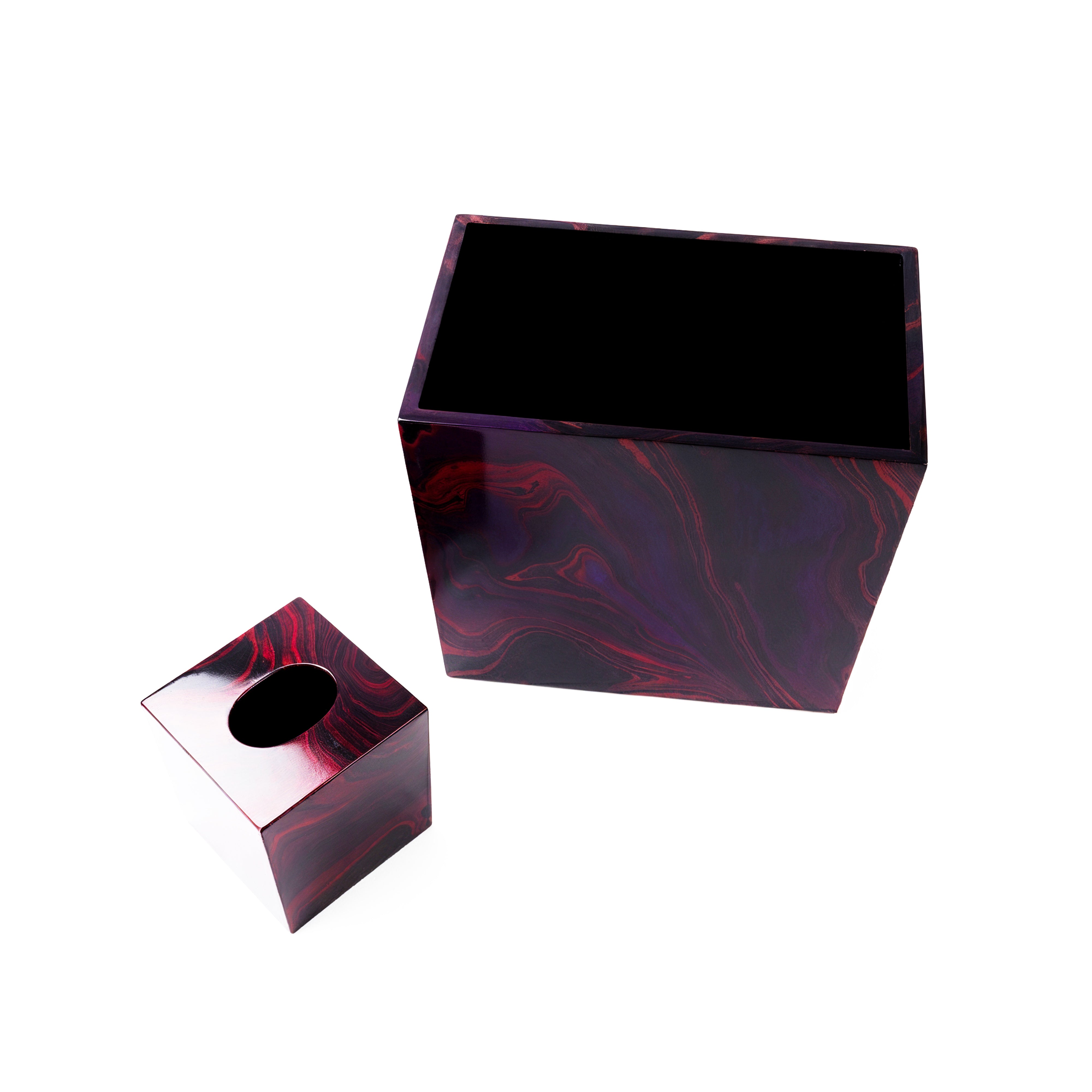 Saigon Interiors. Set of Red Wooden Tissue Box & Wastebasket.