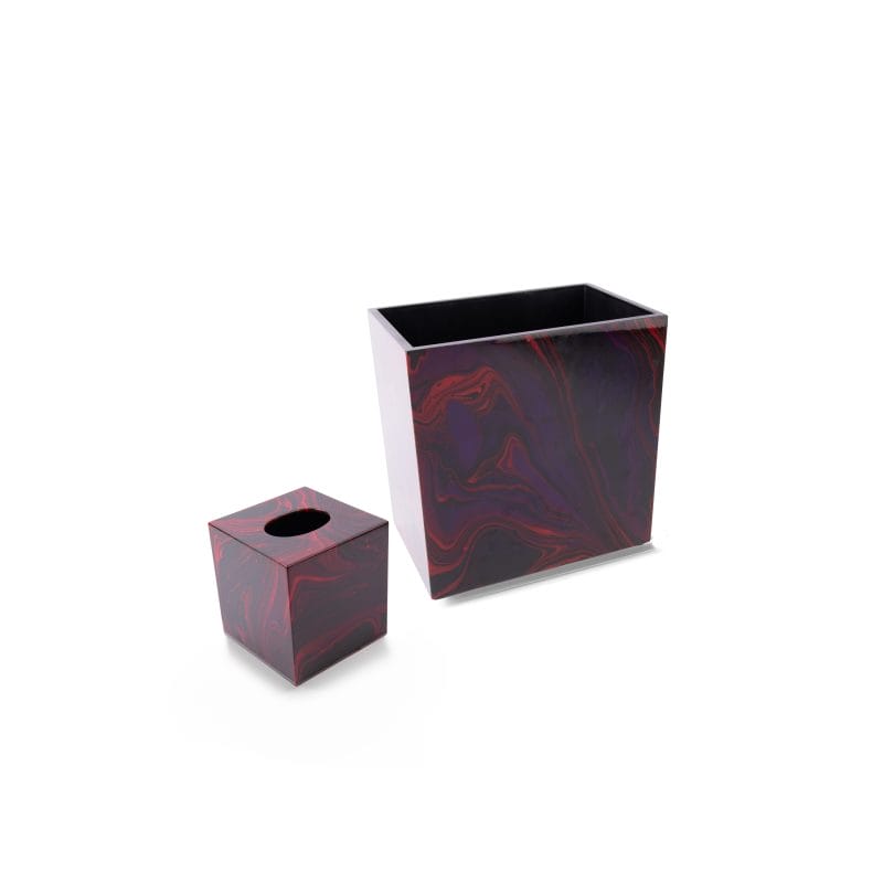 Saigon Interiors. Set of Red Wooden Tissue Box & Wastebasket.