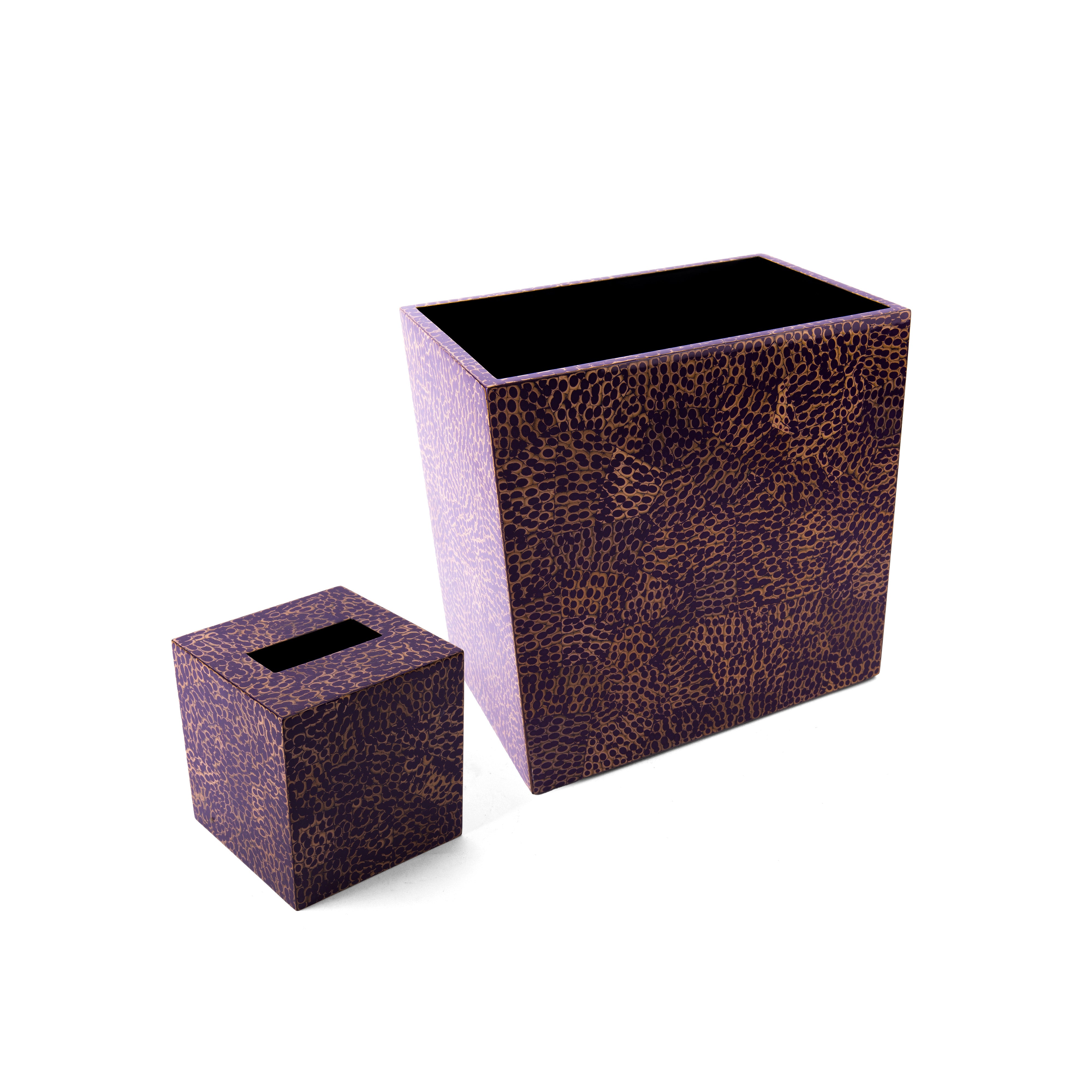 Saigon Interiors. Set of Printed Wooden Tissue Box & Wastebasket.