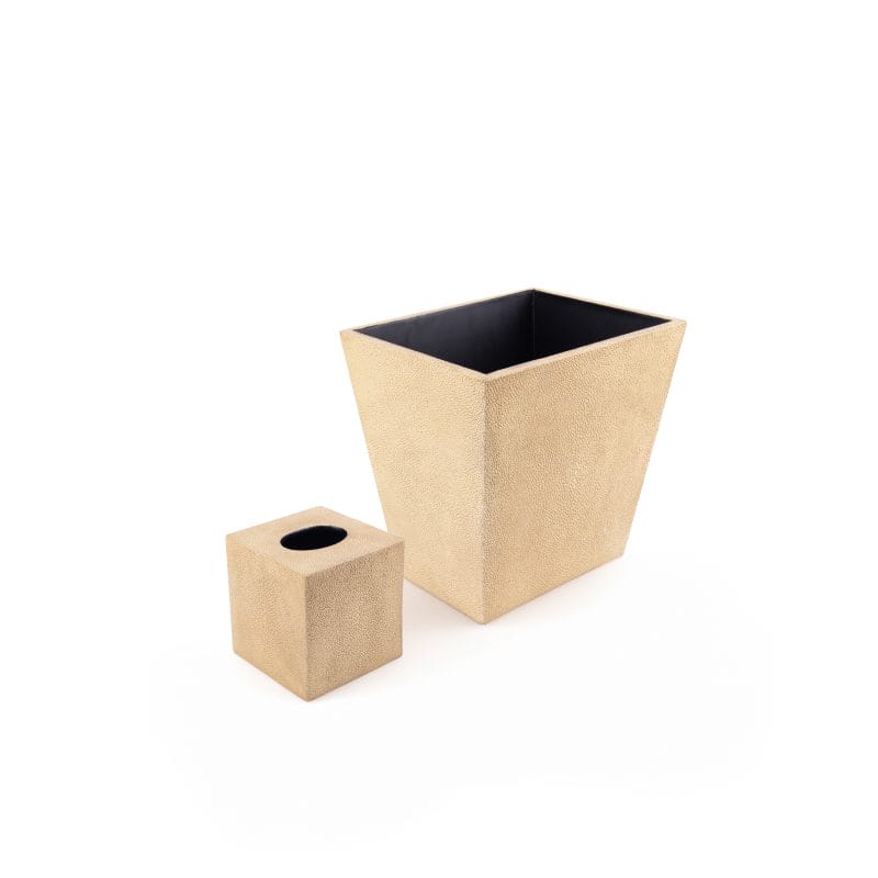 Saigon Interiors. Set of Beige Leather Tissue Box & Wastebasket.