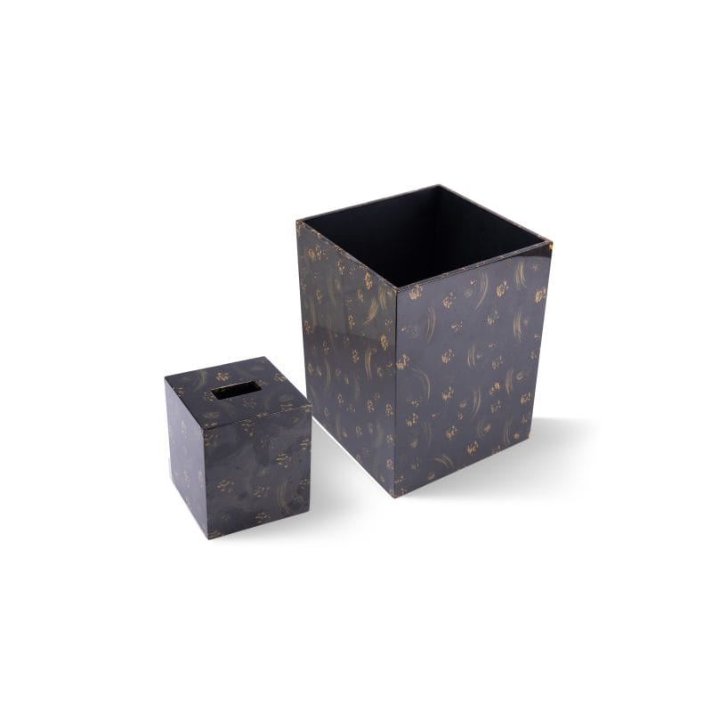 Saigon Interiors. Set of Black Tissue Box & Wastebasket.