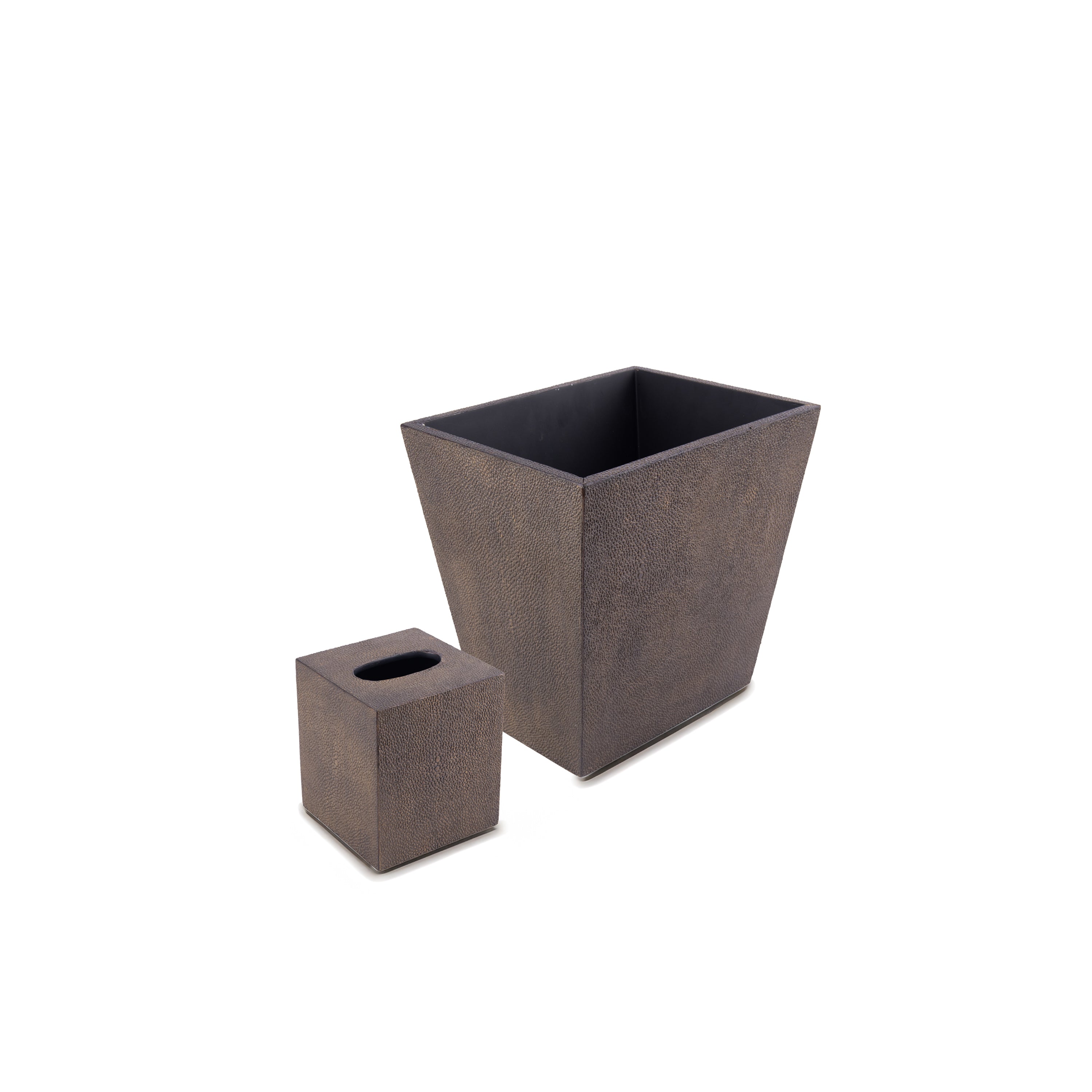 Saigon Interiors. Set of Brown Leather Tissue Box & Wastebasket.