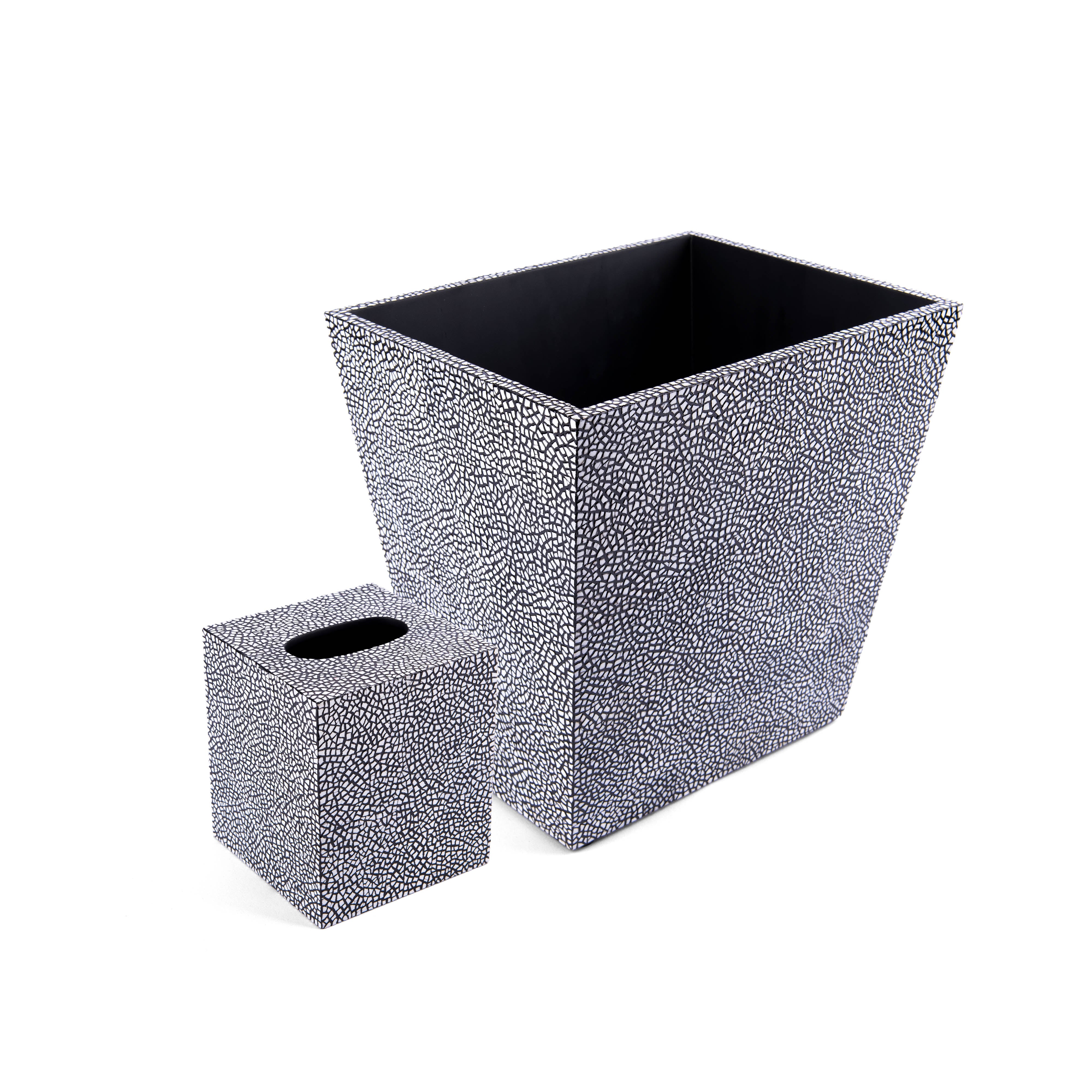 Saigon Interiors. Set of Black & White Tissue Box & Wastebasket.