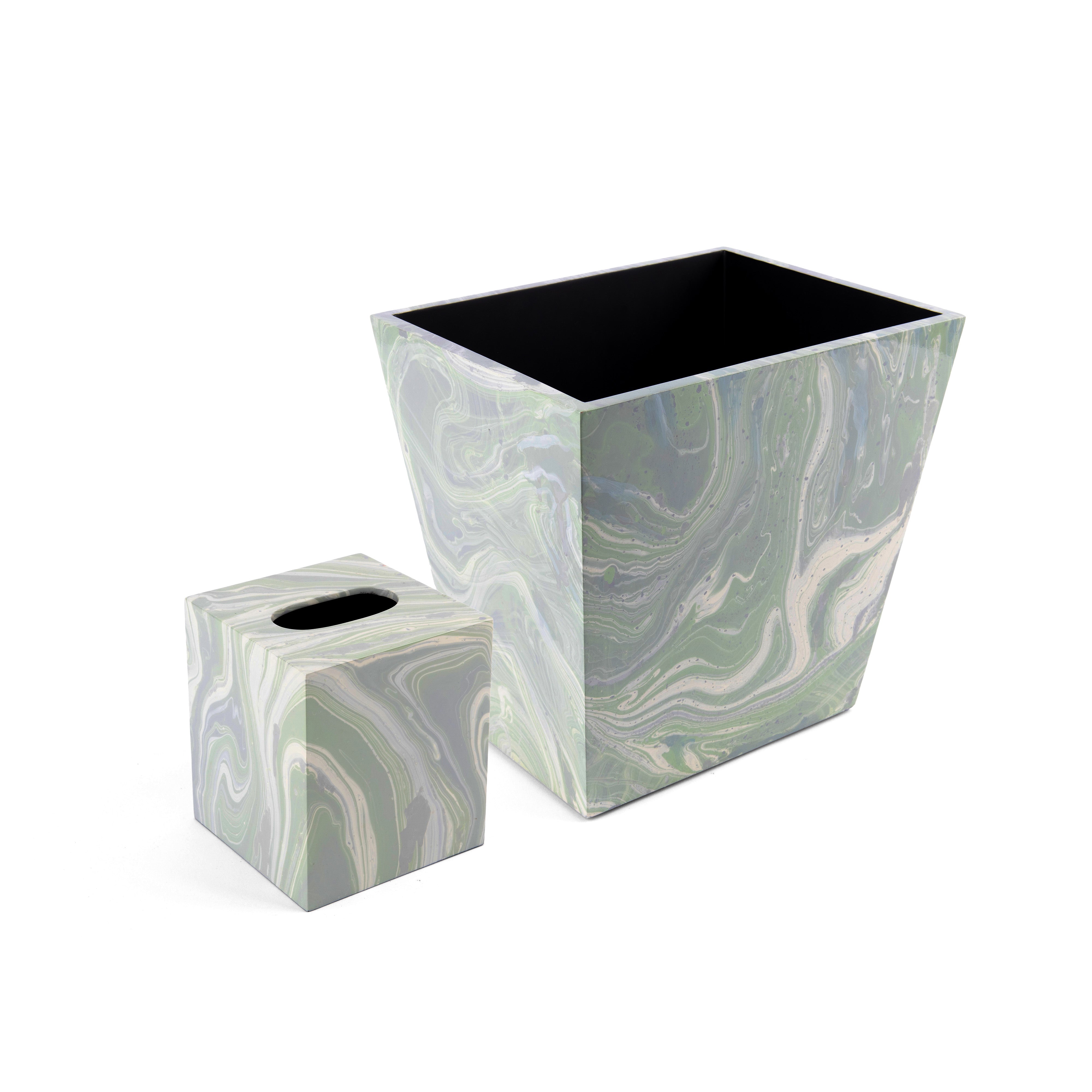 Saigon Interiors. Set of Light Green & White Tissue Box & Wastebasket.