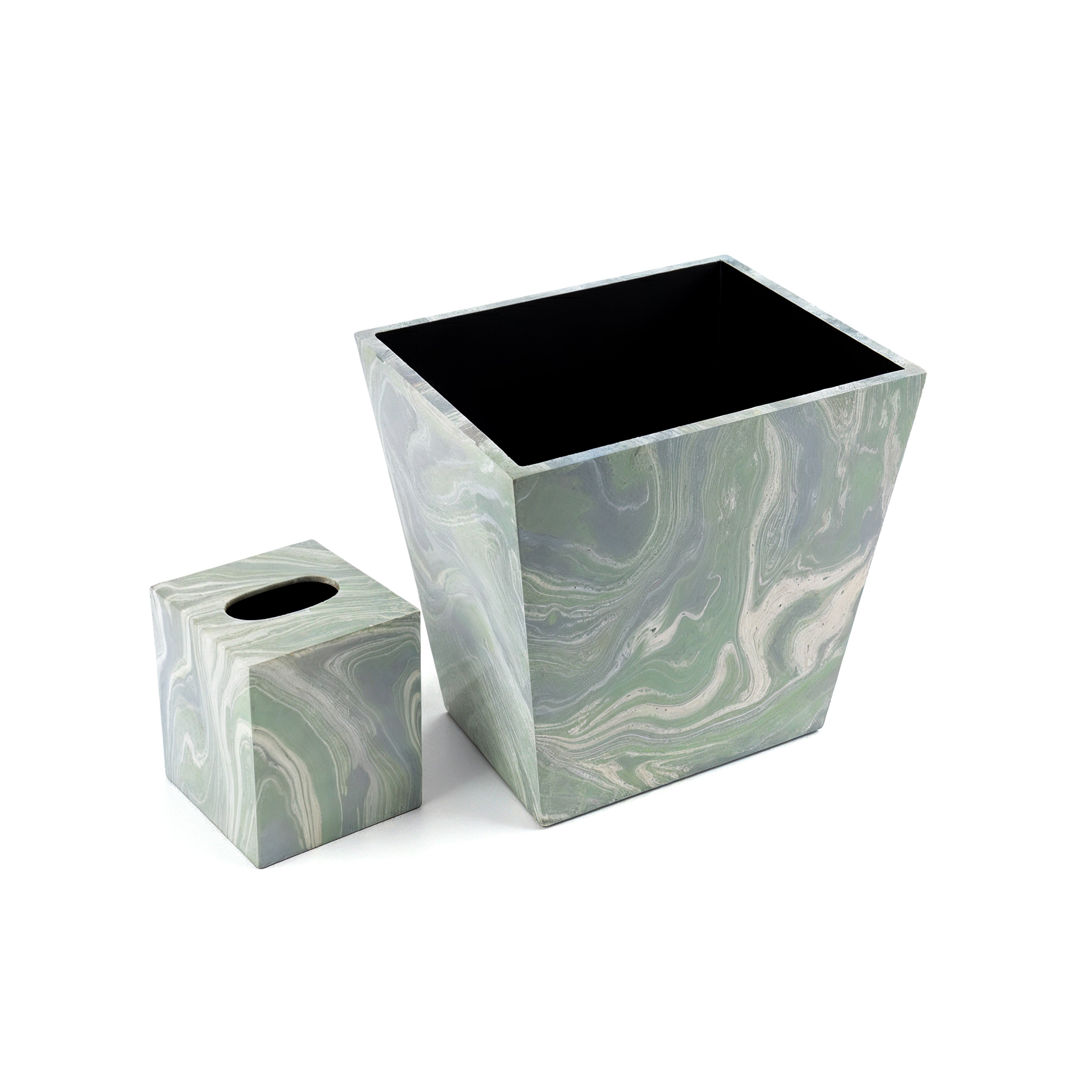 Saigon Interiors. Set of Light Green & White Tissue Box & Wastebasket.