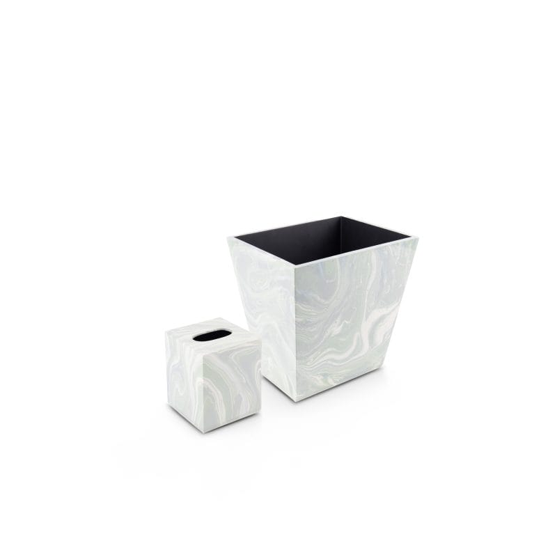 Saigon Interiors. Set of Light Green & White Tissue Box & Wastebasket.
