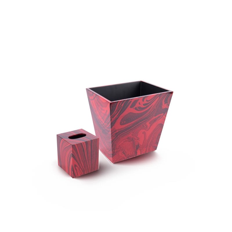 Studio Vertu. Set of Red & Black Wooden Tissue Box & Wastebasket.