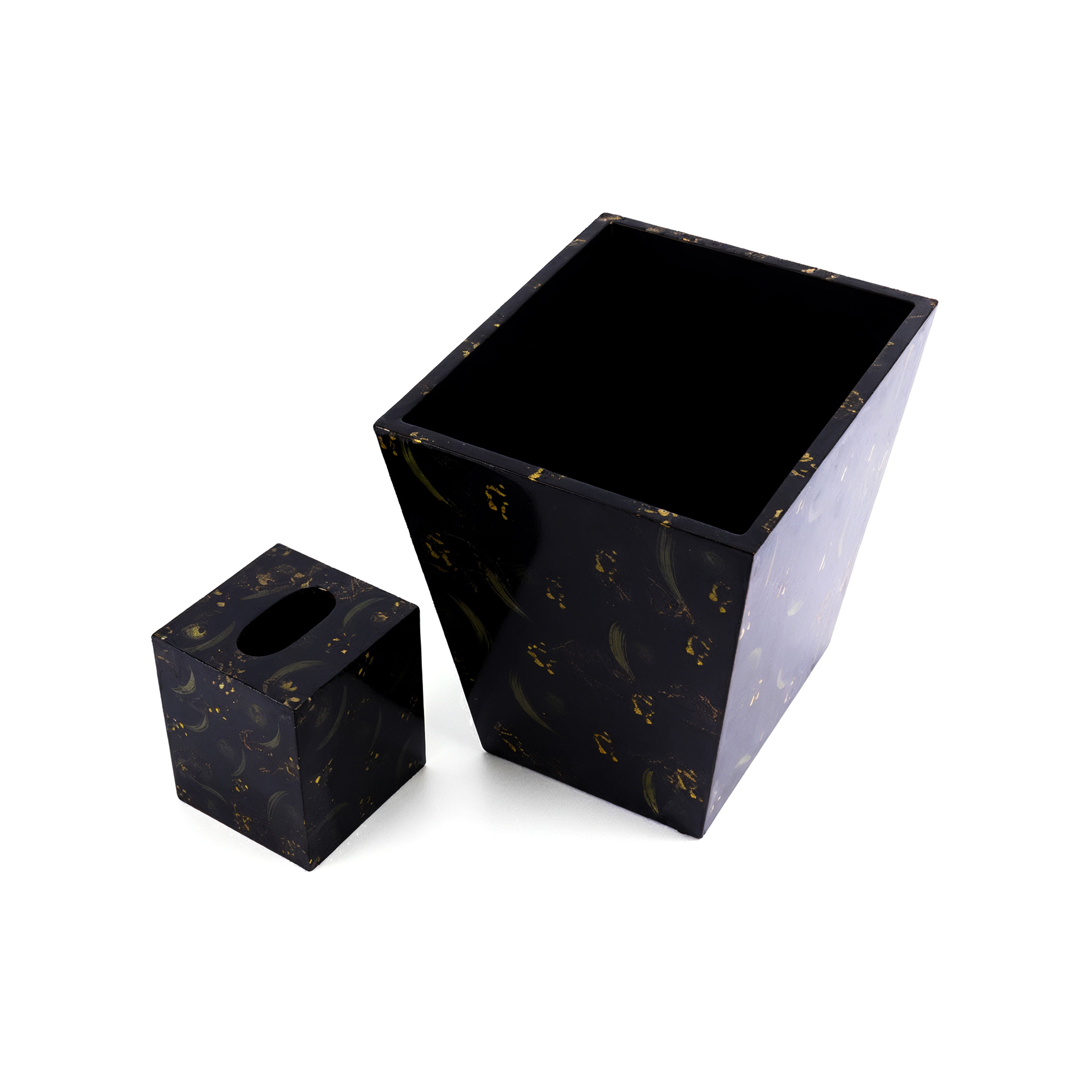 Saigon Interiors. Set of Black Tissue Box & Square Shaped Wastebasket.