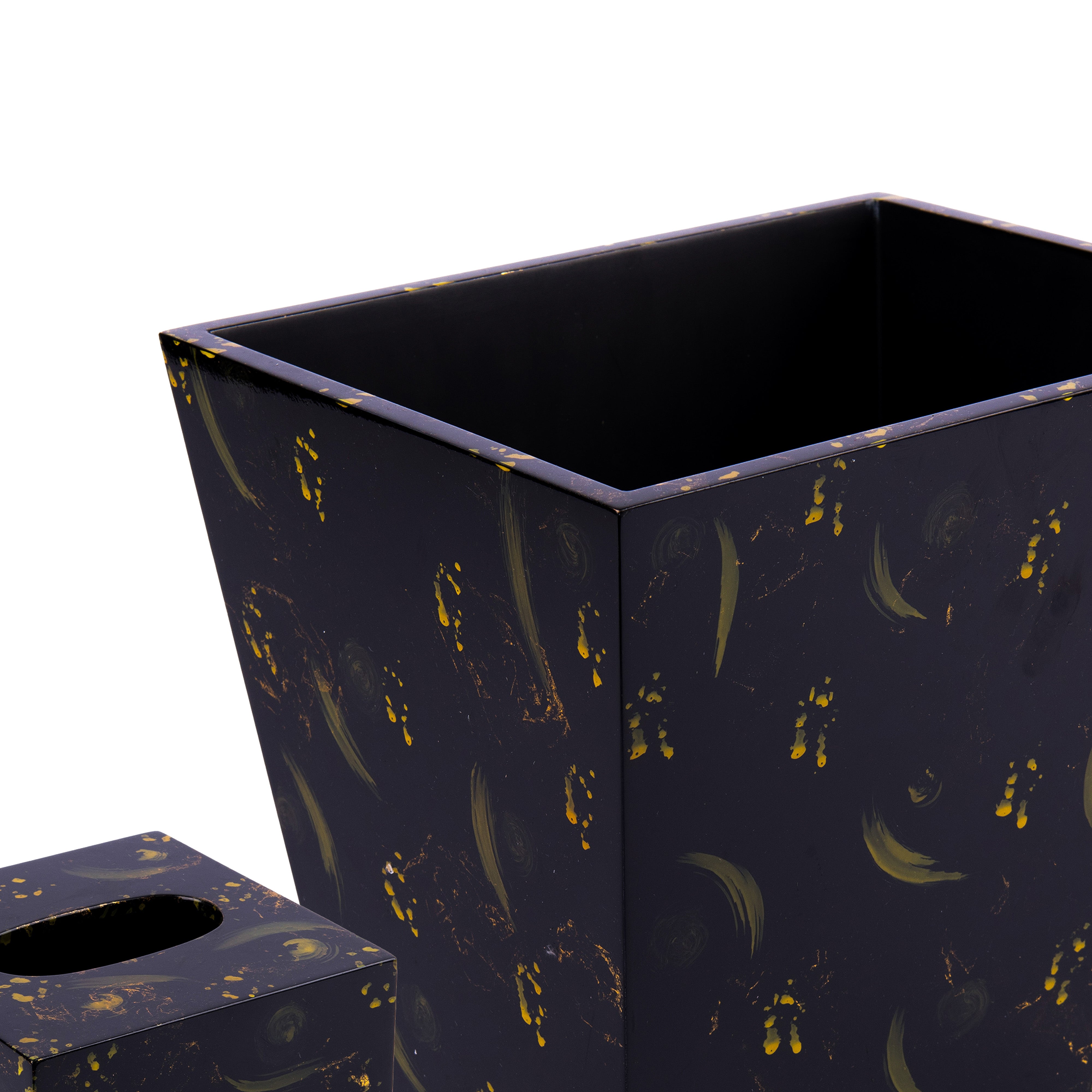 Saigon Interiors. Set of Black Tissue Box & Square Shaped Wastebasket.