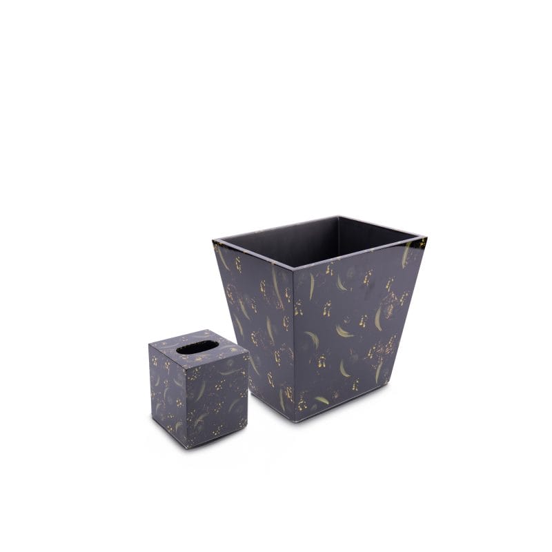 Saigon Interiors. Set of Black Tissue Box & Square Shaped Wastebasket.