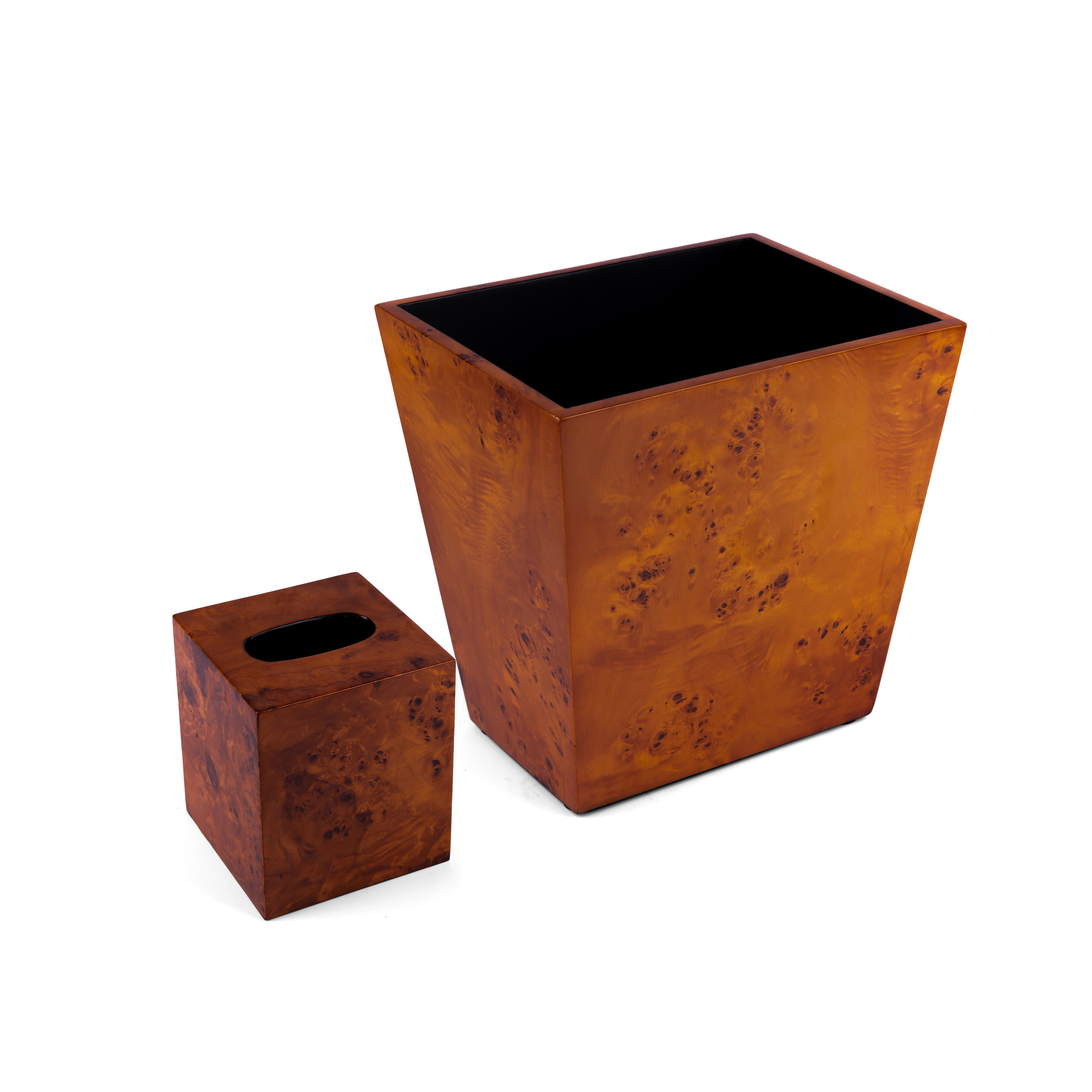 Saigon Interiors. Set of Brown Wooden Tissue Box & Wastebasket.