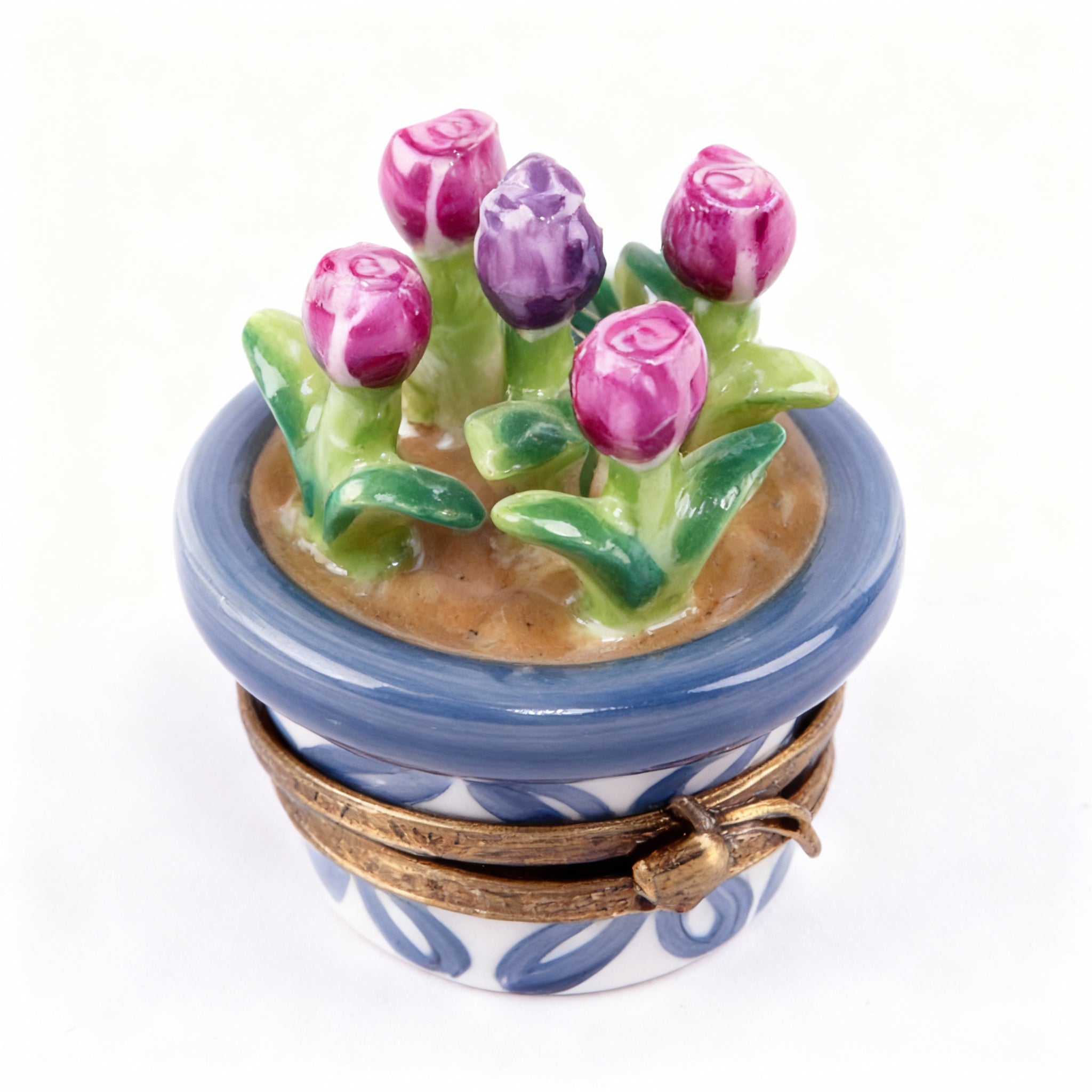 Chamart Exclusives. Blue Limoge Porcelain Box with Tulip Bouquet