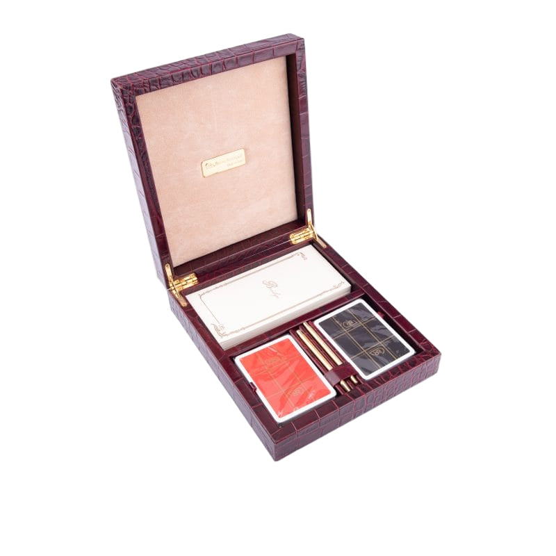 Renzo Romagnoli. Bridge Set Playing Cards Box in Burgundy Bordeaux Croco Leather