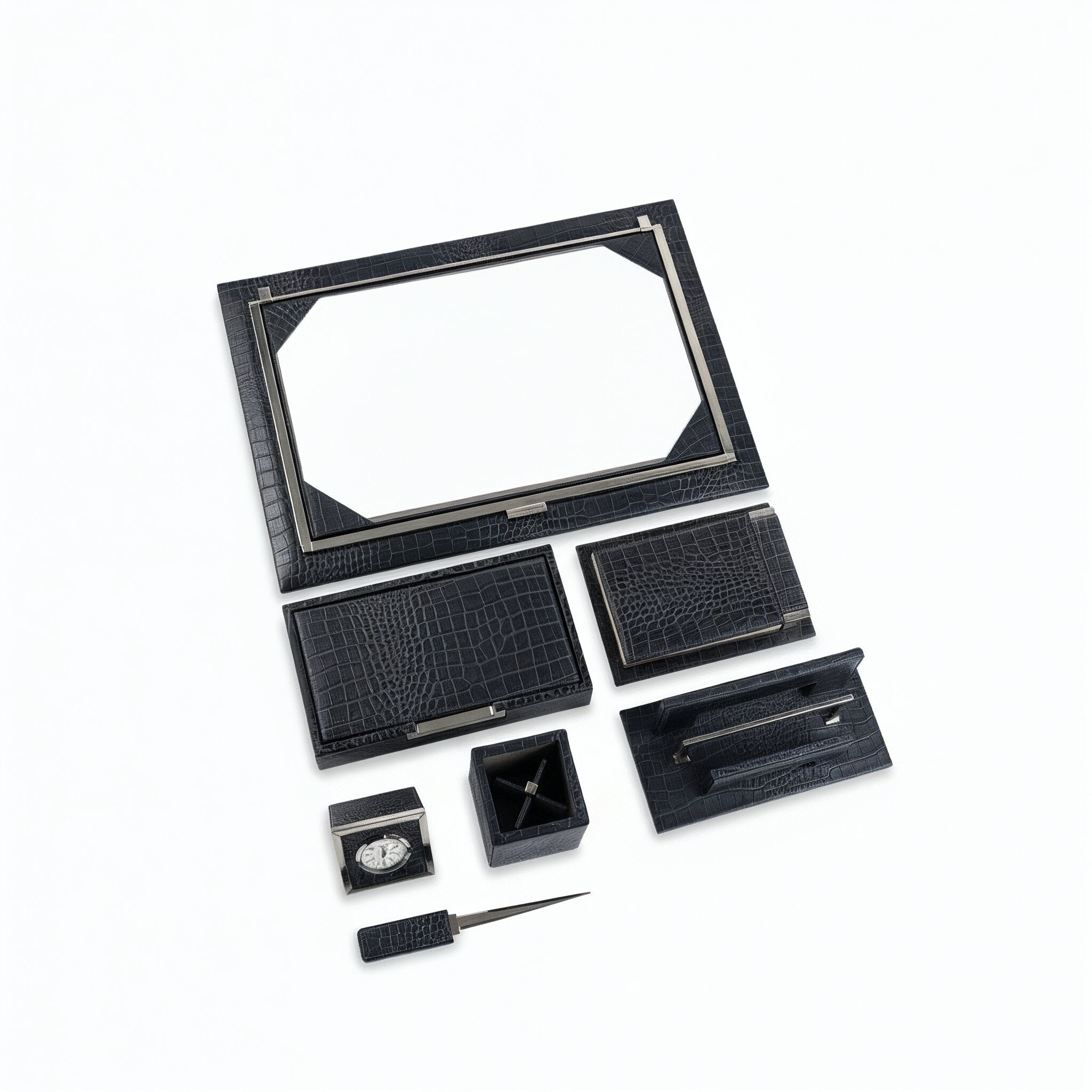 Renzo Romagnoli. Black Leather Desk Set. 7 Pieces