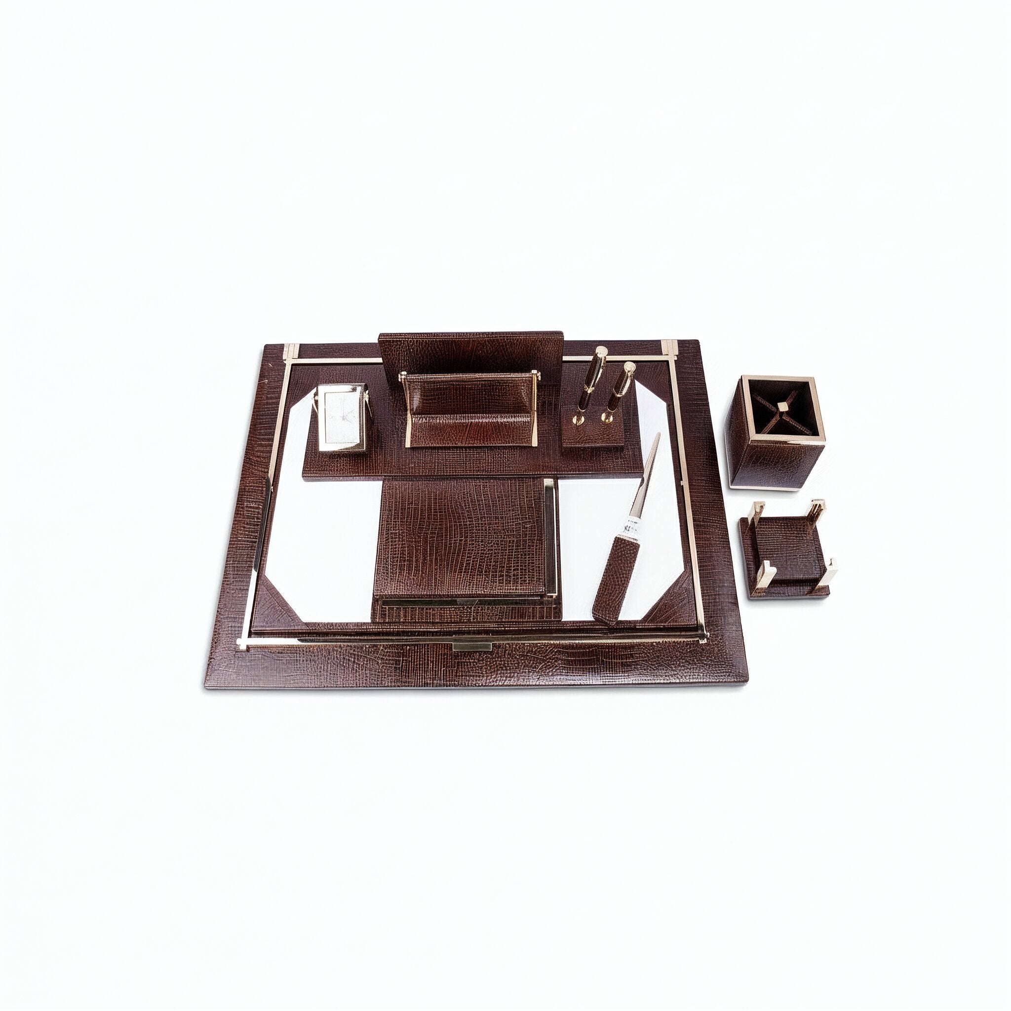 Renzo Romagnoli. Brown Leather Desk Set of 8 Pieces