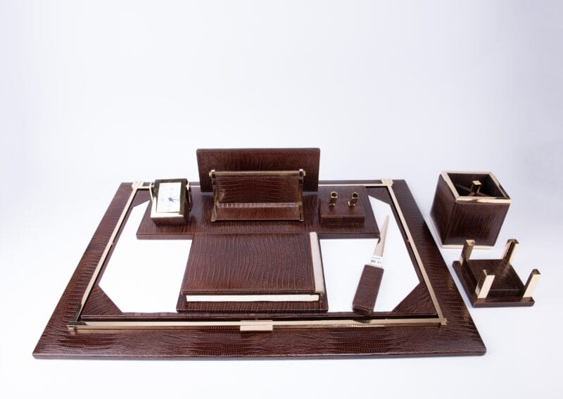 Renzo Romagnoli. Brown Leather Desk Set of 8 Pieces