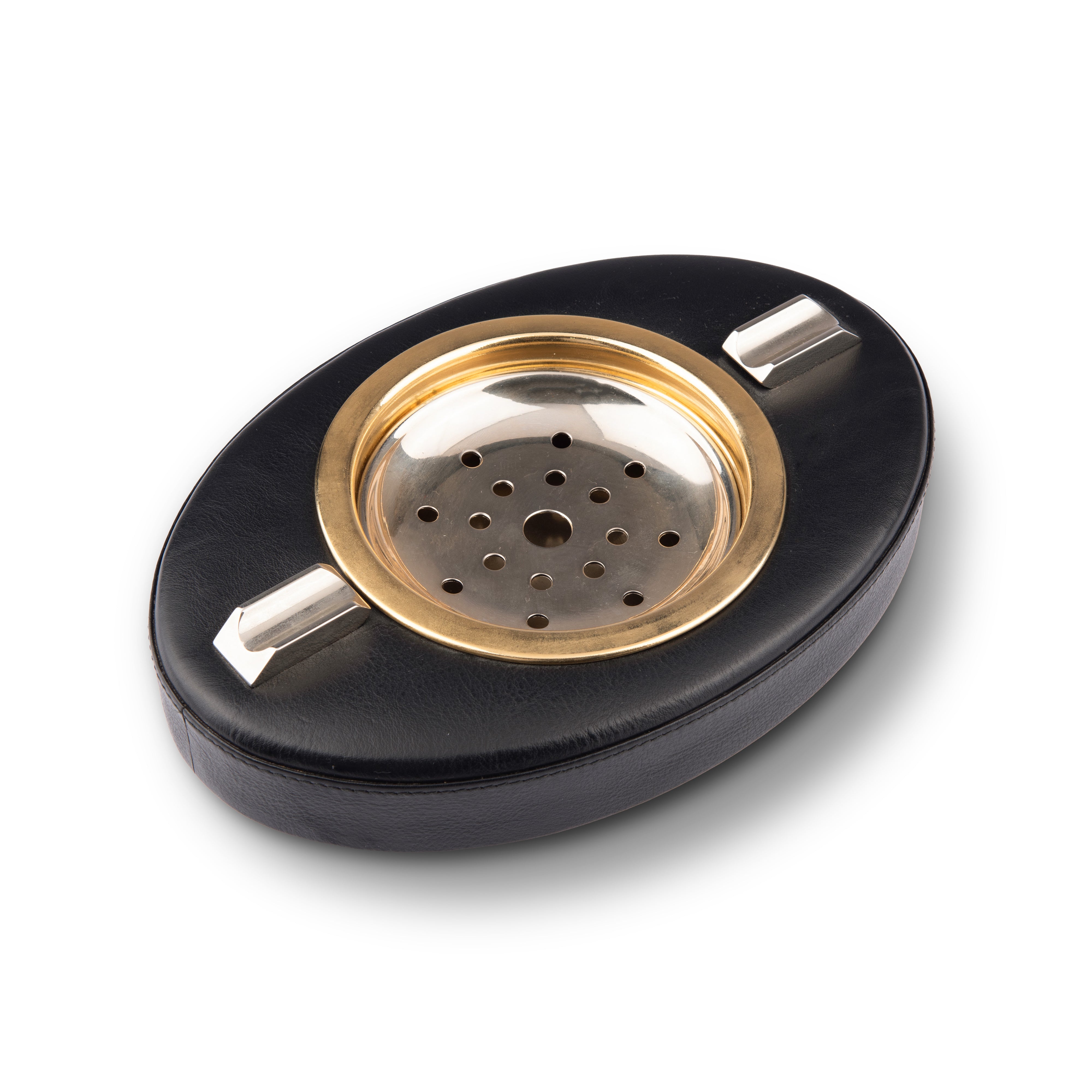 Renzo Romagnoli. Black Leather Ashtray in Oval Shape