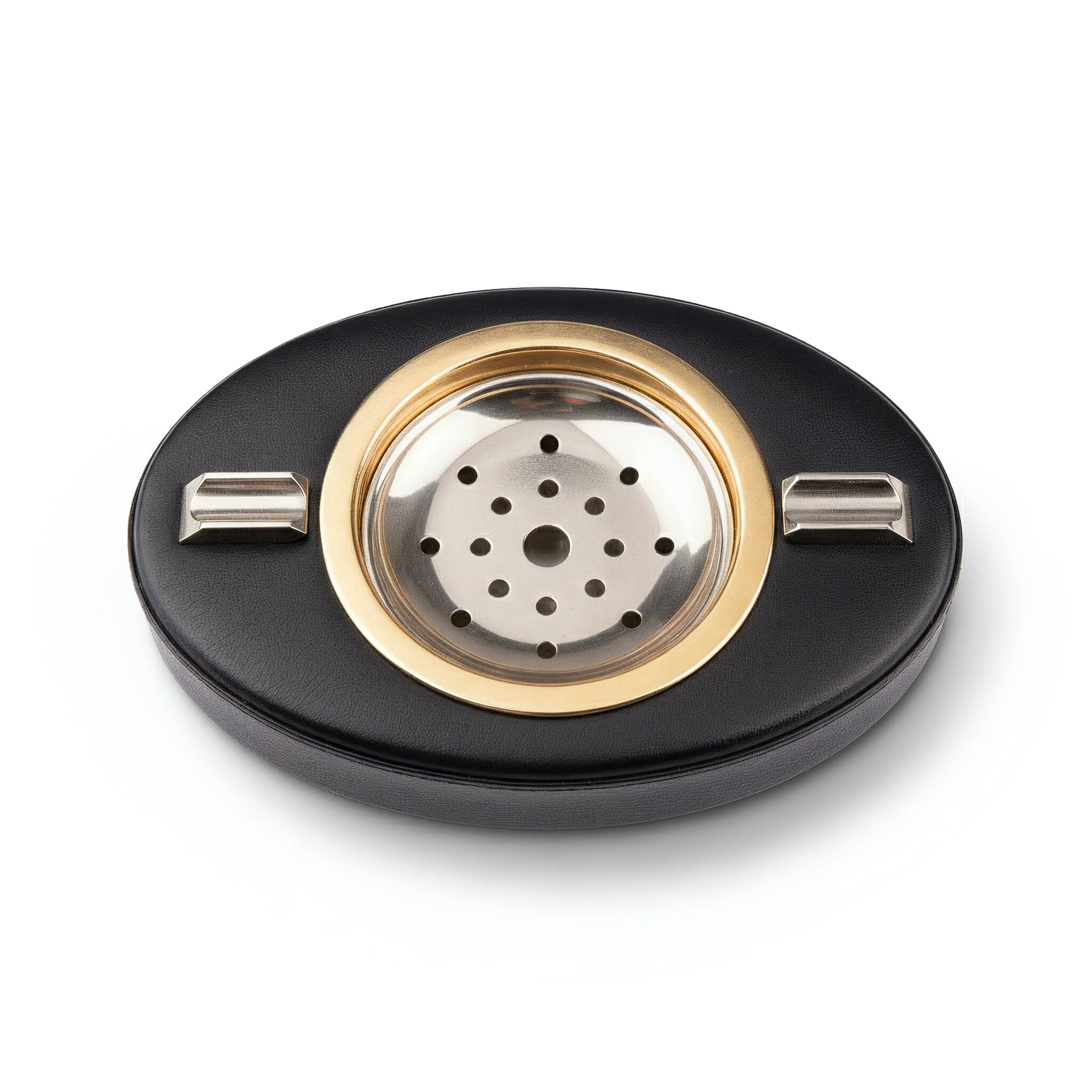 Renzo Romagnoli. Black Leather Ashtray in Oval Shape