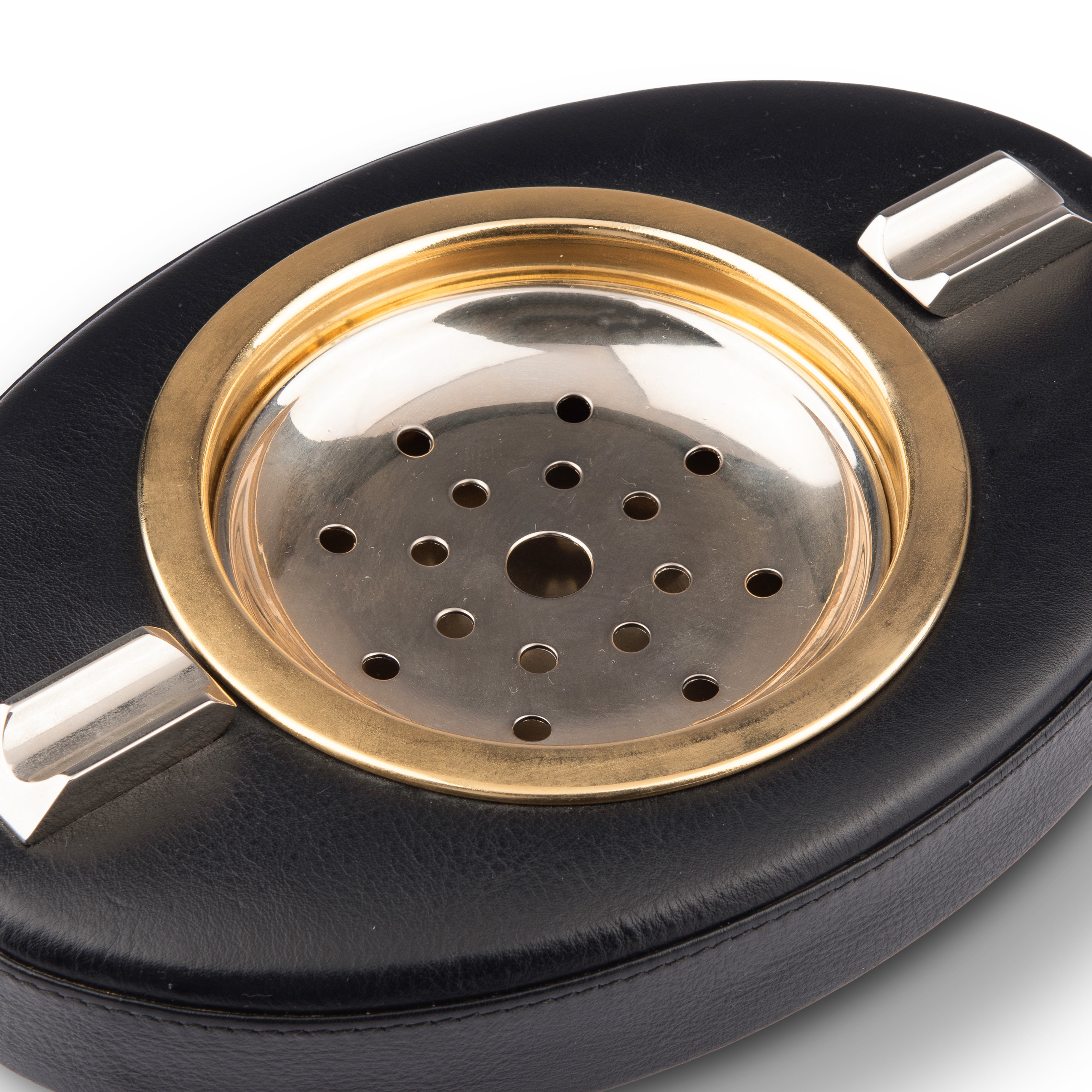 Renzo Romagnoli. Black Leather Ashtray in Oval Shape