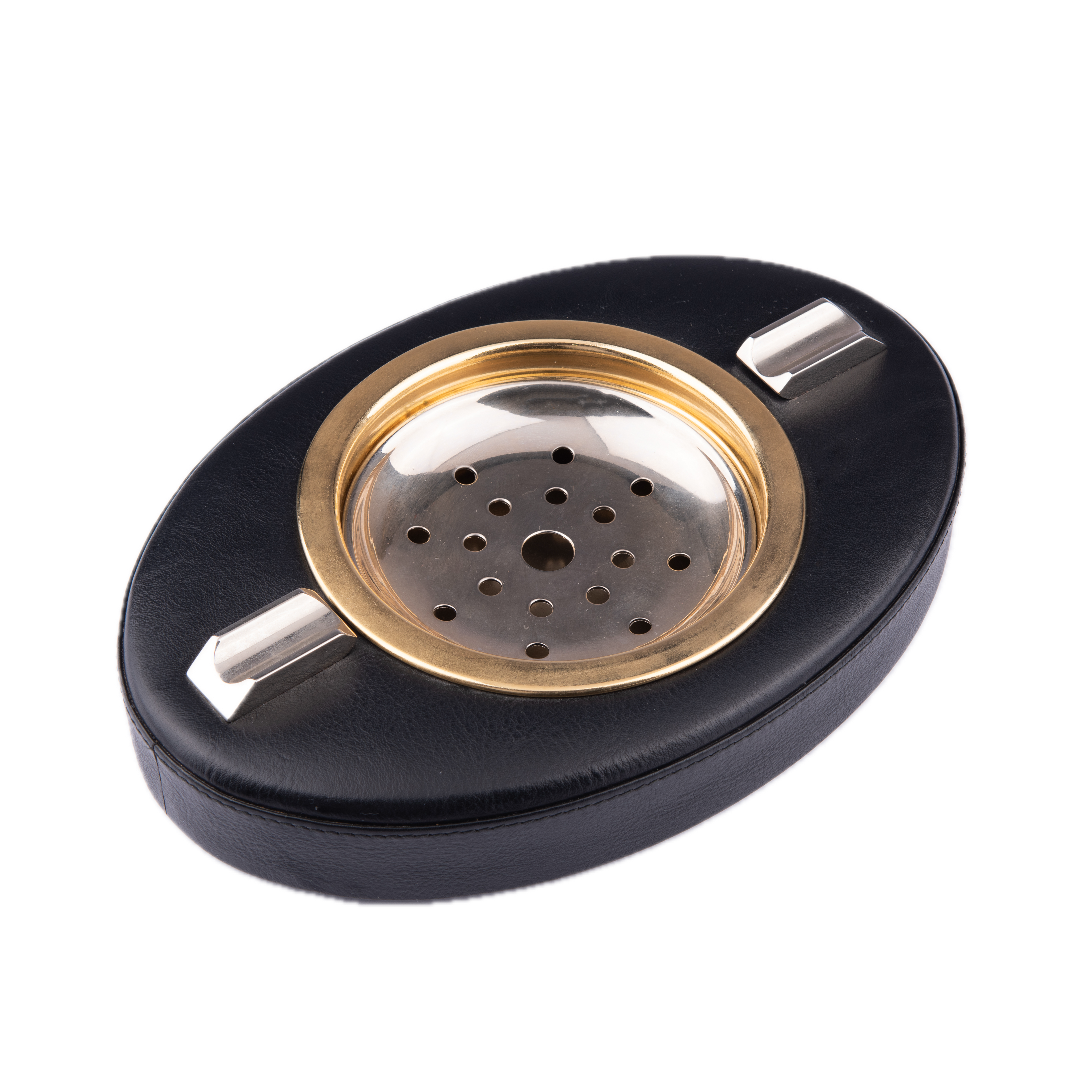 منفضة سجائر بيضاوية سوداء اللون من الجلد من رينزو رومانولي.