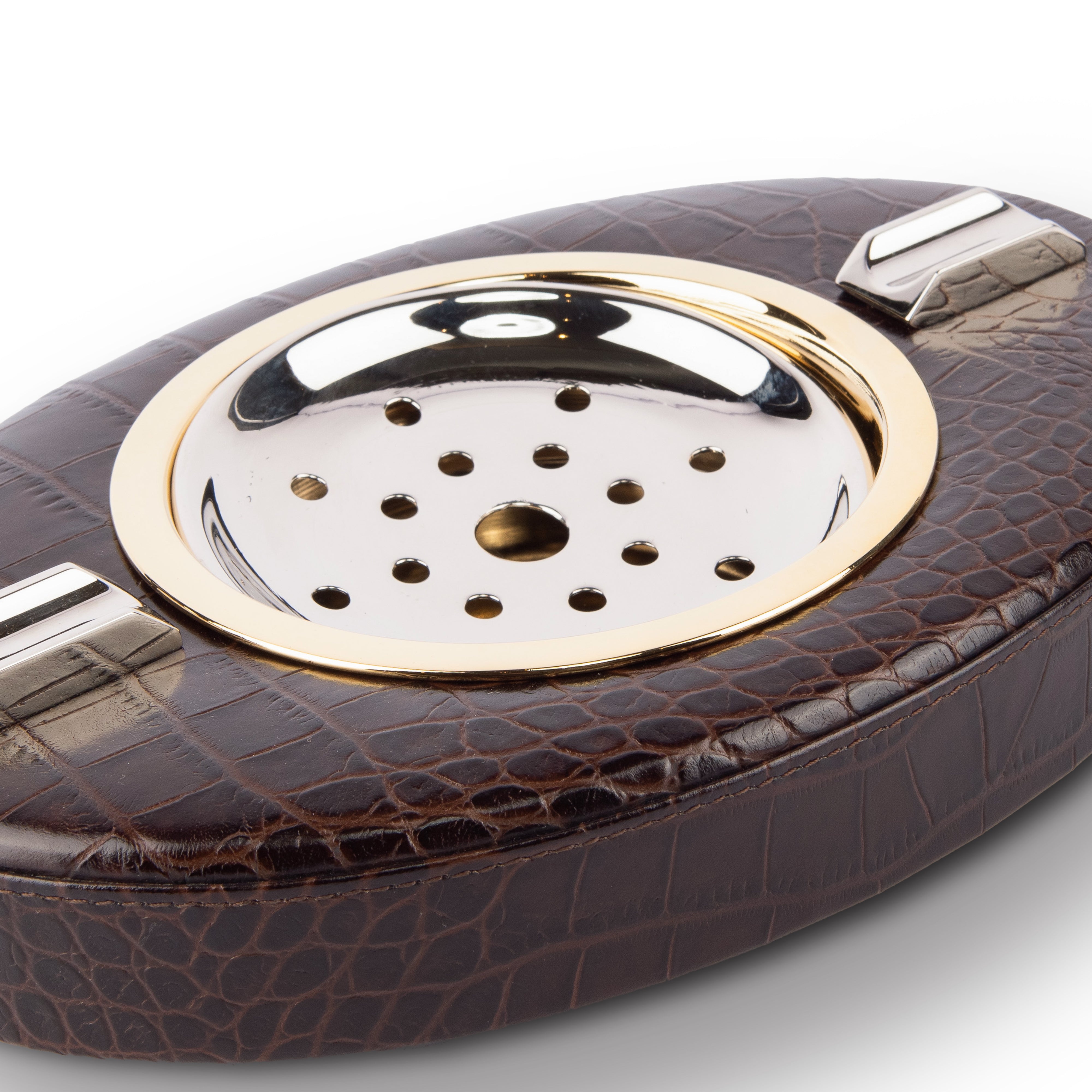 Renzo Romagnoli. Oval Dark Brown Leather Cigar Ashtray. Medium Size