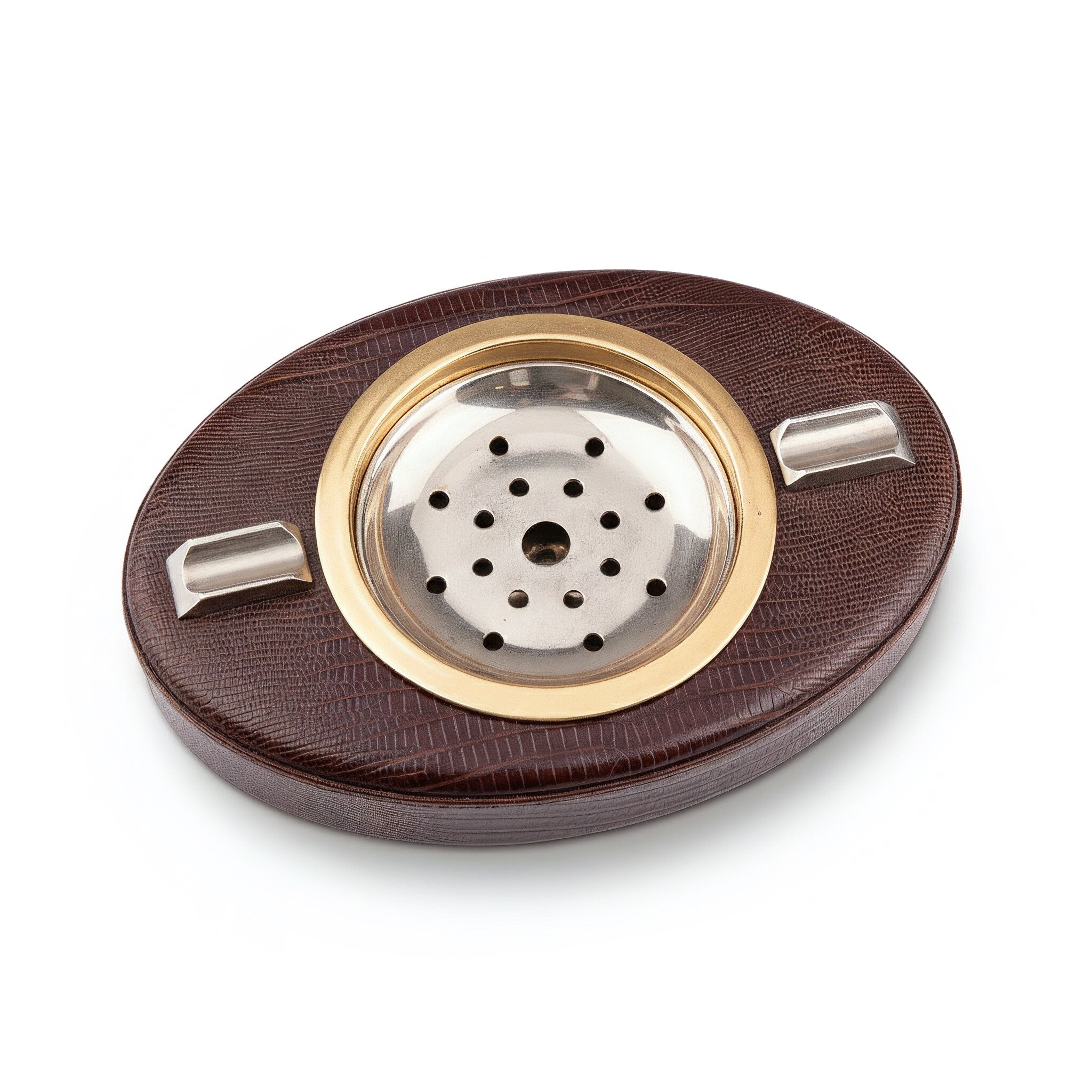 Renzo Romagnoli. Brown Leather Ashtray in Oval Shape