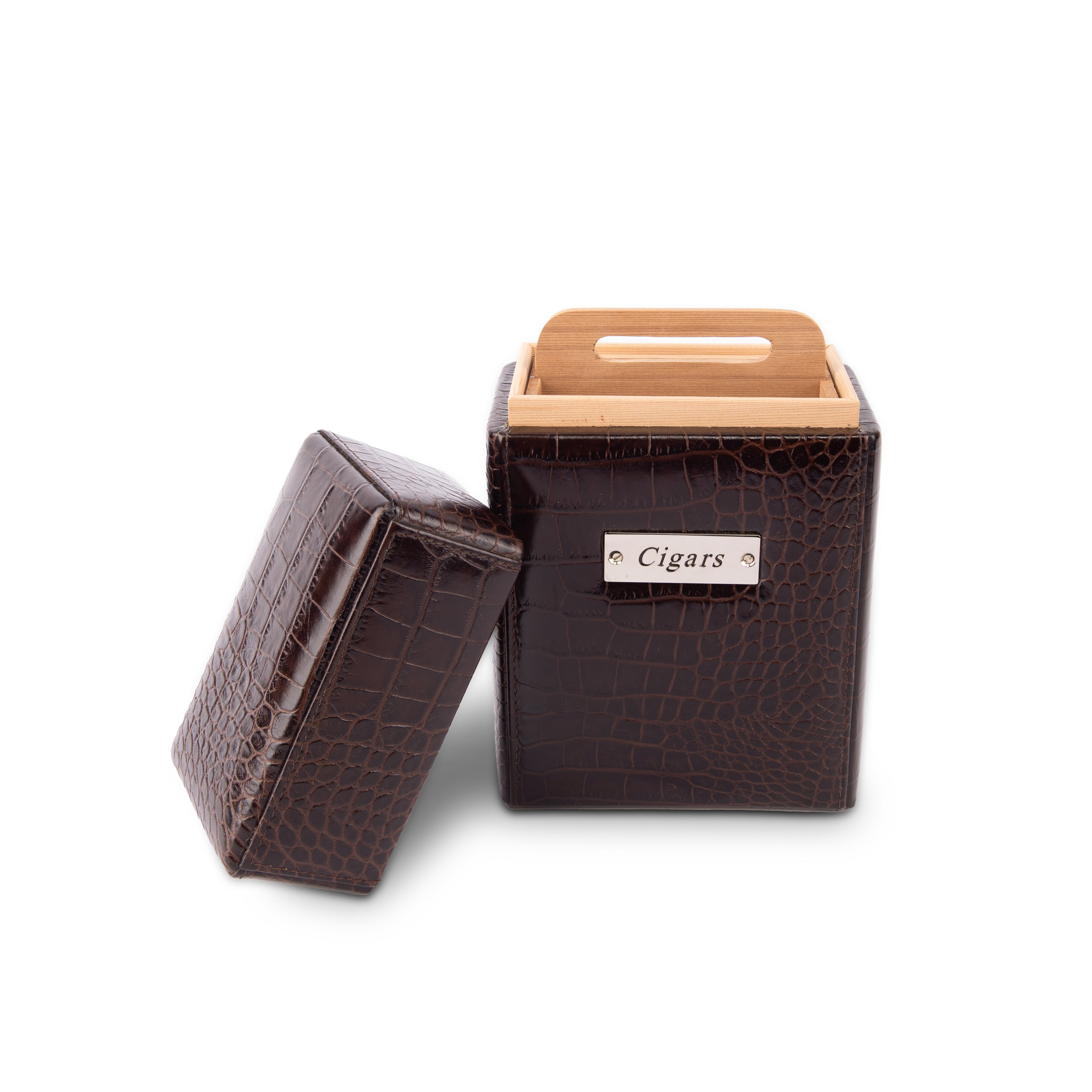 Renzo Romagnoli. Vertical Dark Brown Leather Cigar Box. Medium Size