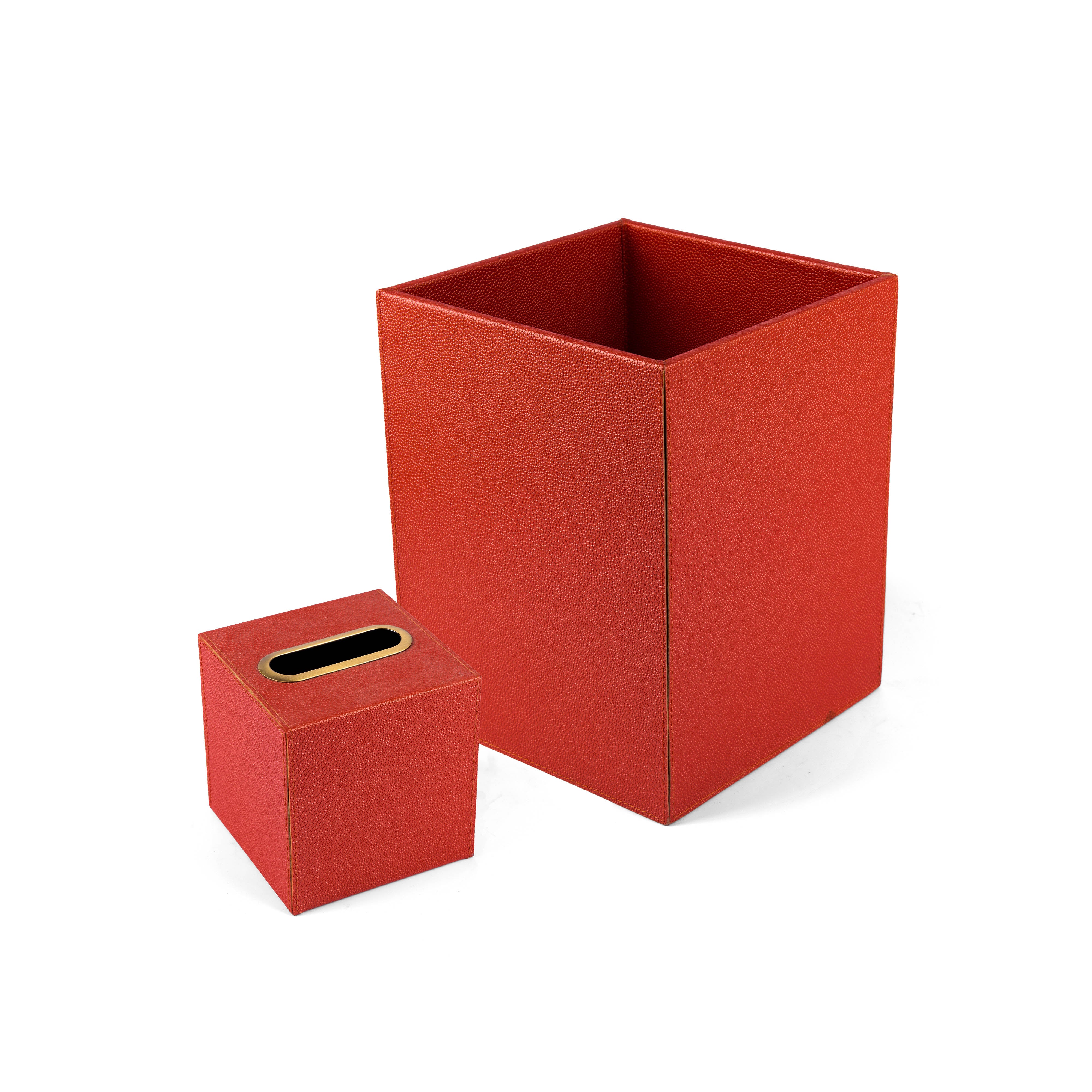 Bodrum Group. A Set of Orange Leather Wastebasket & Tissue Box