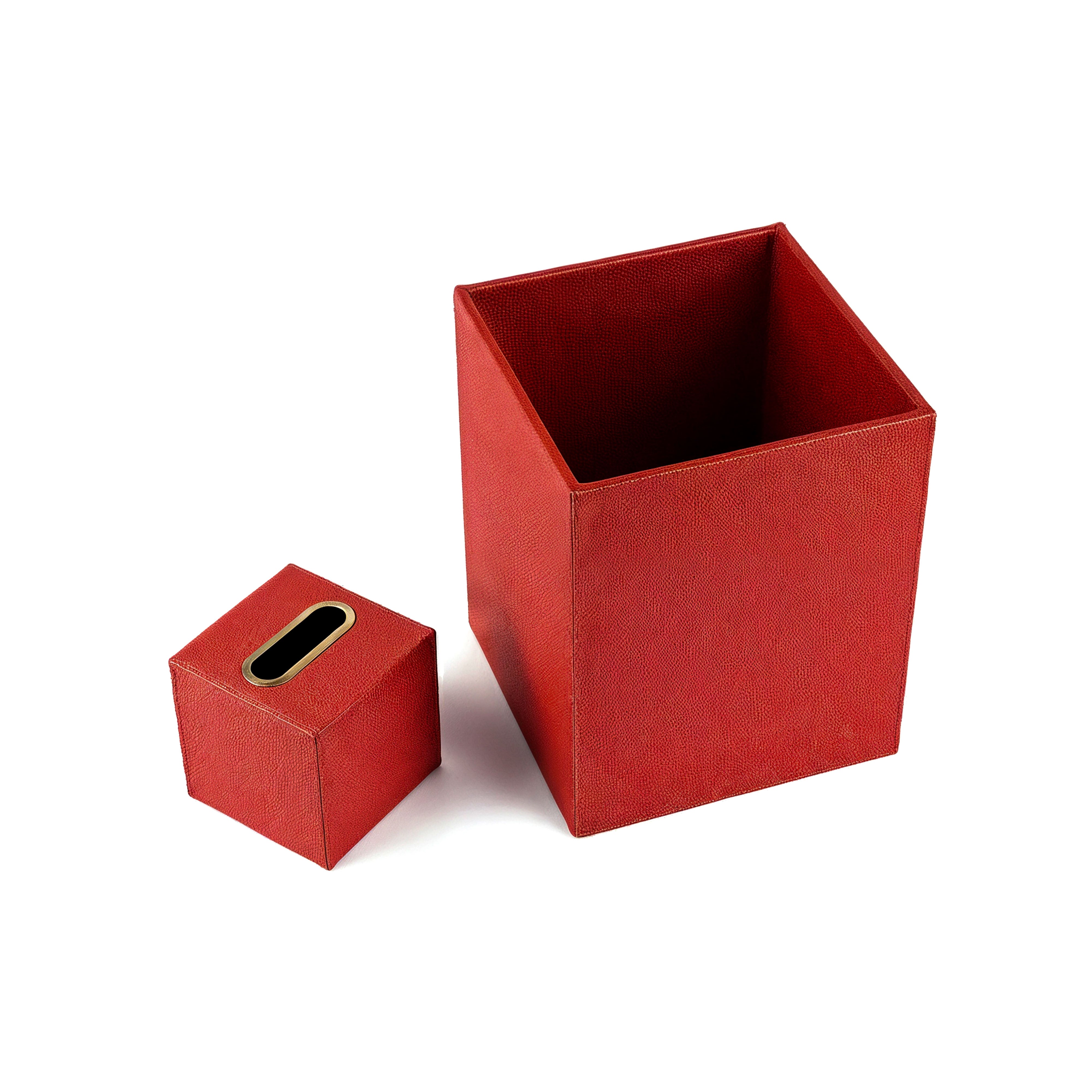 Bodrum Group. A Set of Orange Leather Wastebasket & Tissue Box
