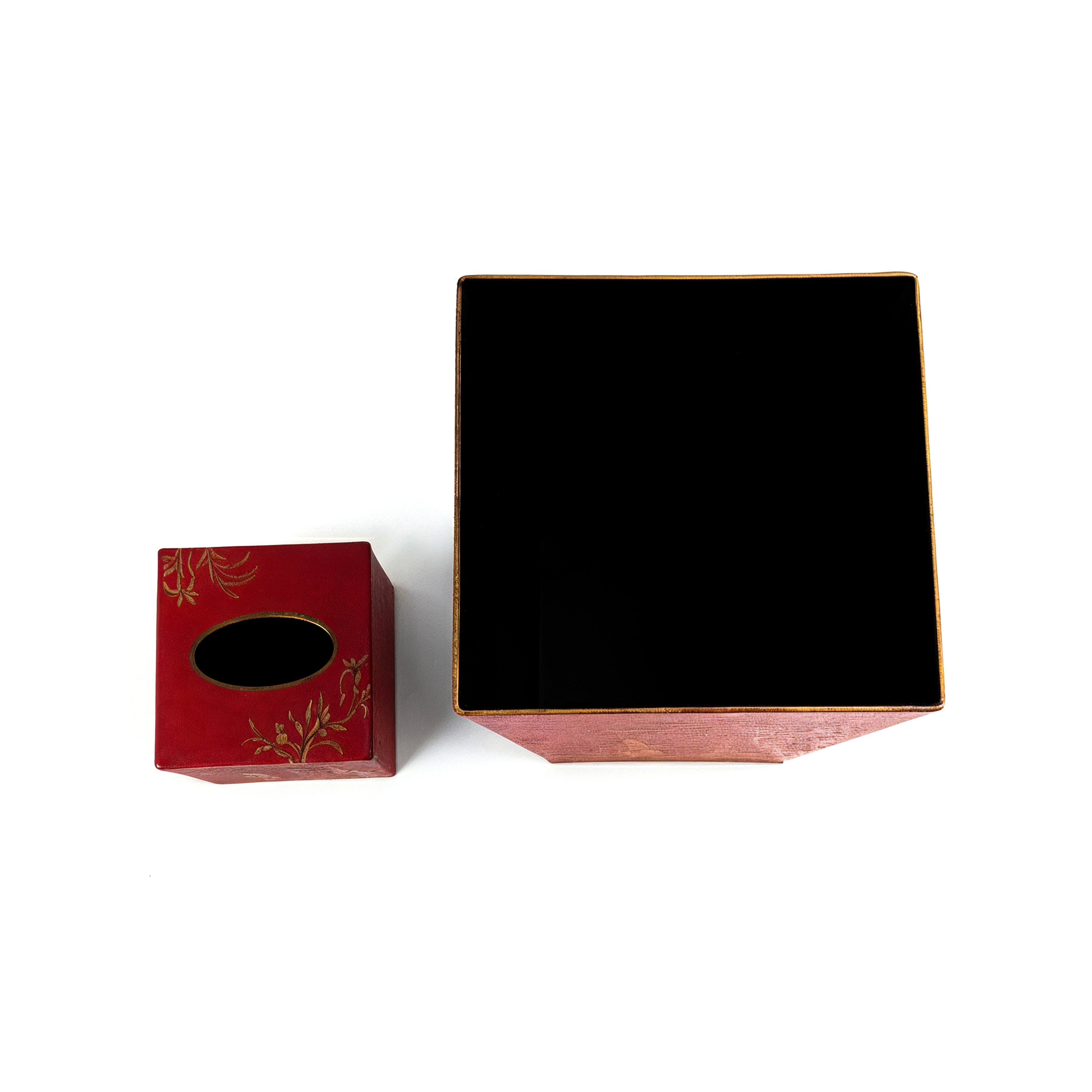 Pigeon & Poodle. Set of Wooden Tissue Box & Wastebasket Featuring Chinese Design