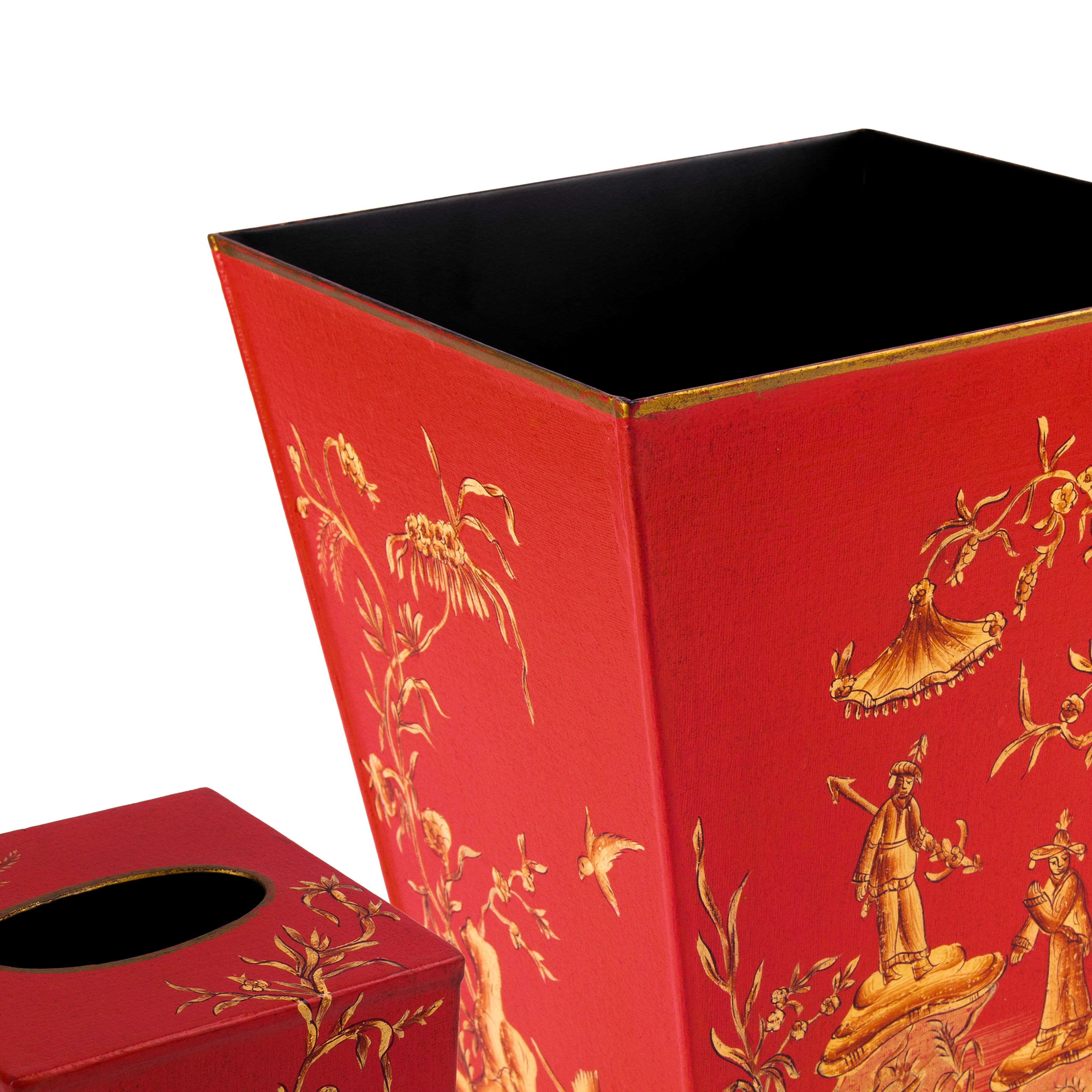 Pigeon & Poodle. Set of Wooden Tissue Box & Wastebasket Featuring Chinese Design