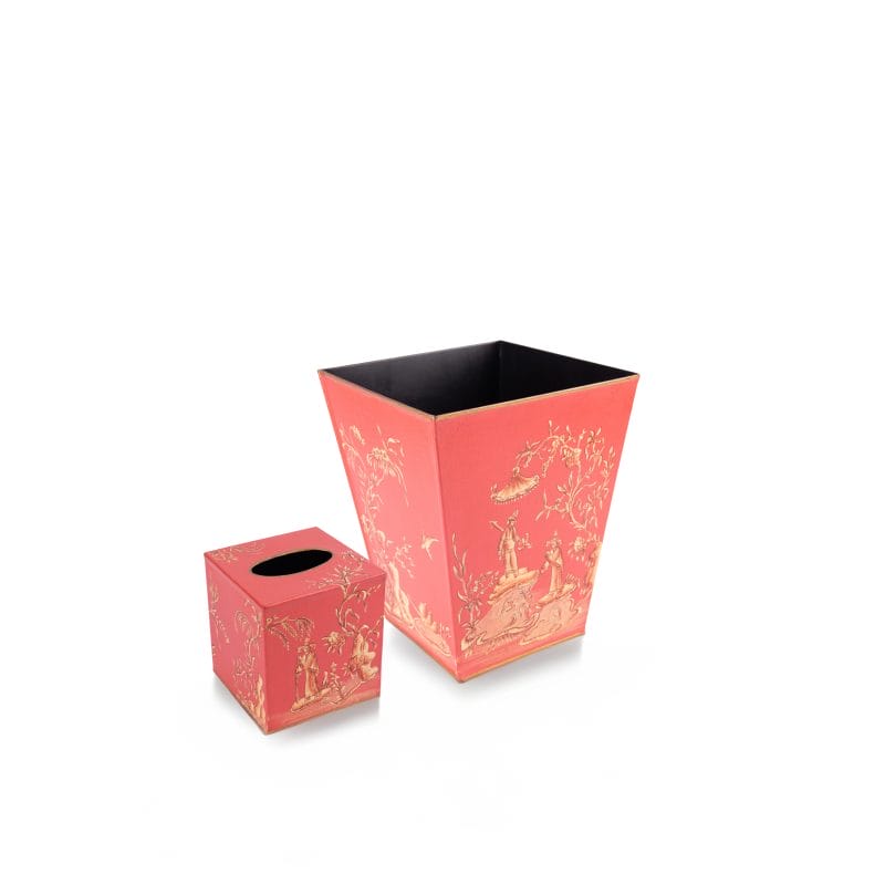 Pigeon & Poodle. Set of Wooden Tissue Box & Wastebasket Featuring Chinese Design
