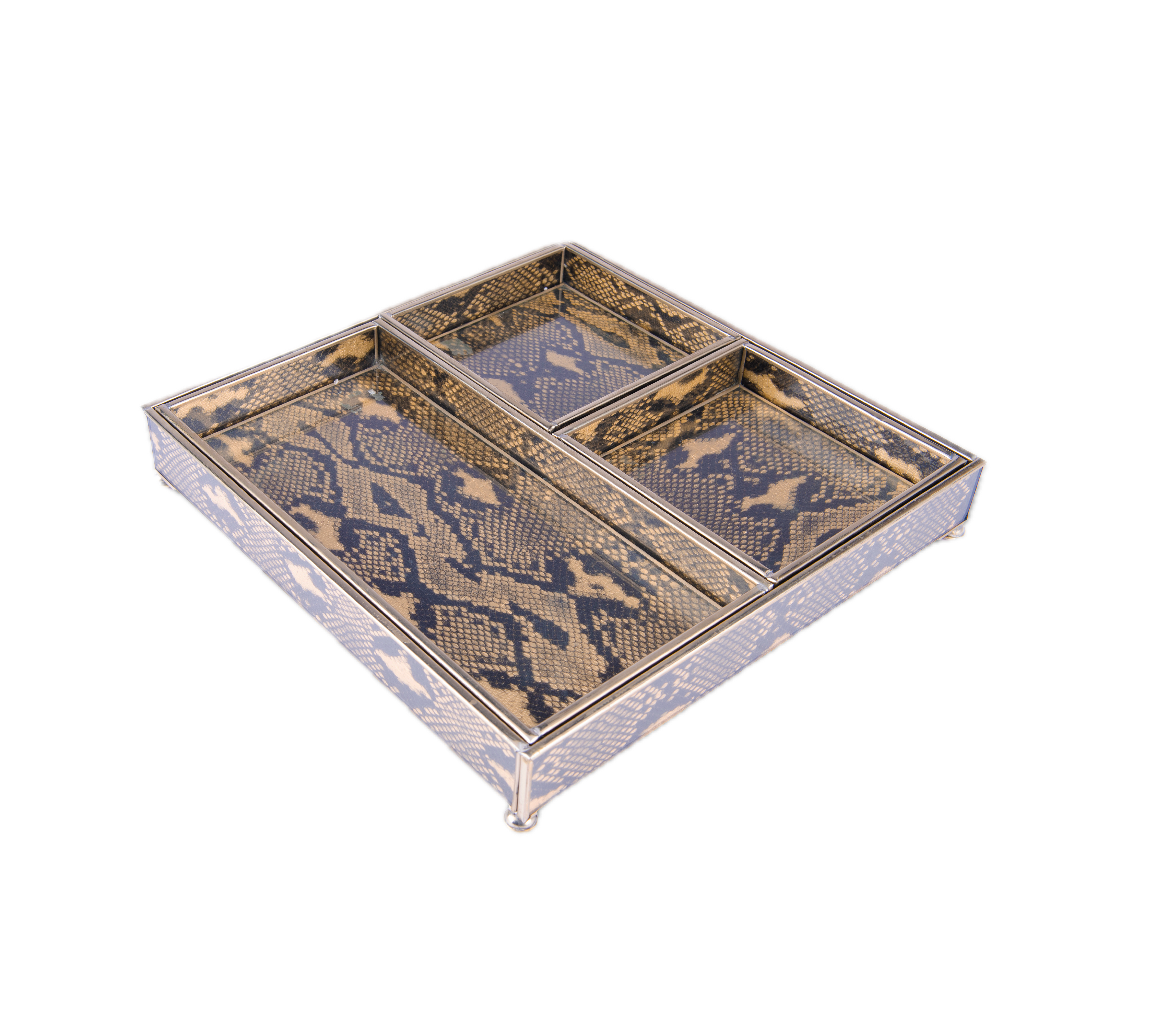 JM Piers. 4 in 1 Glass Tray Designed with Python Skin. Medium Size