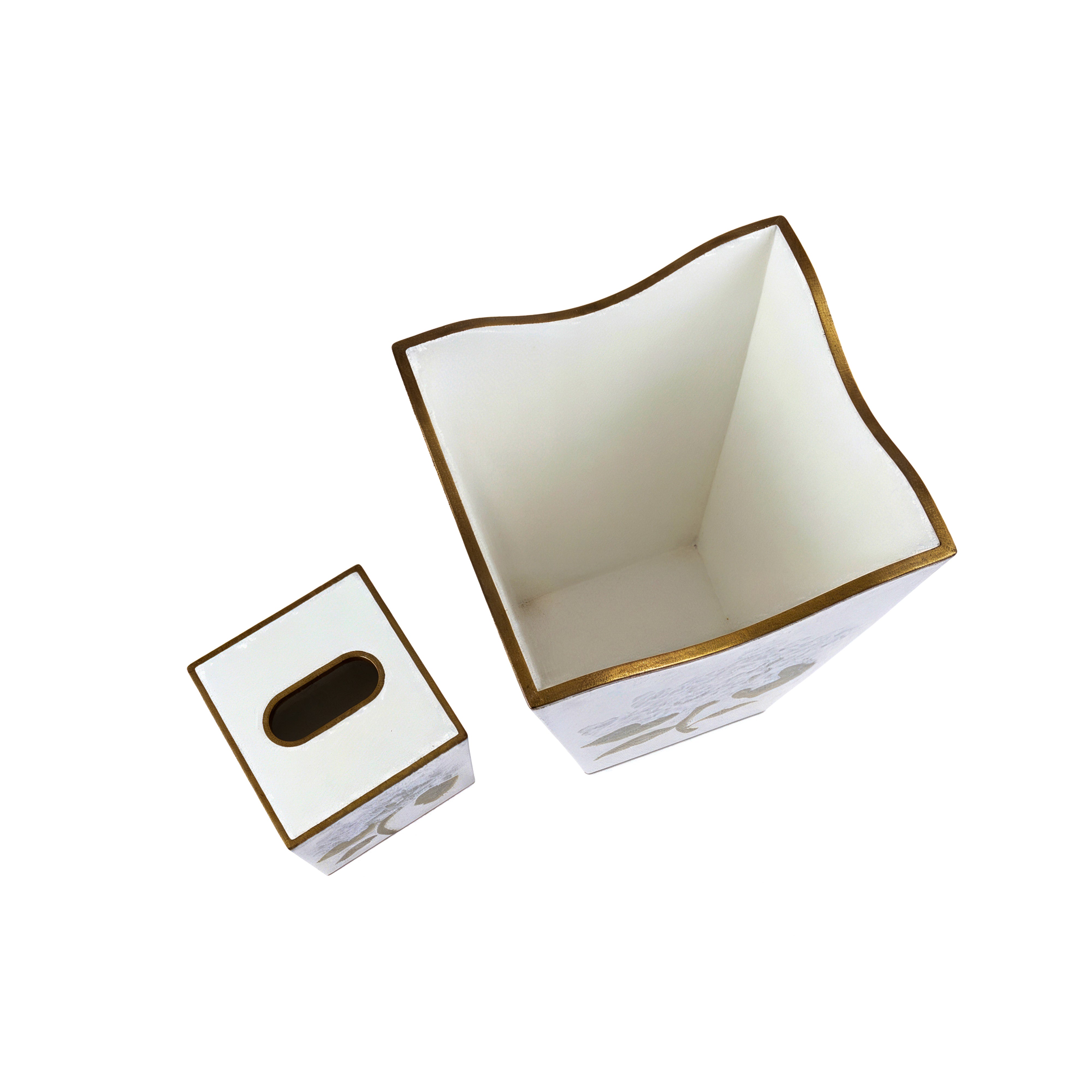 Allen G Designs. Set of White Floral Wastebasket & Tissue Box