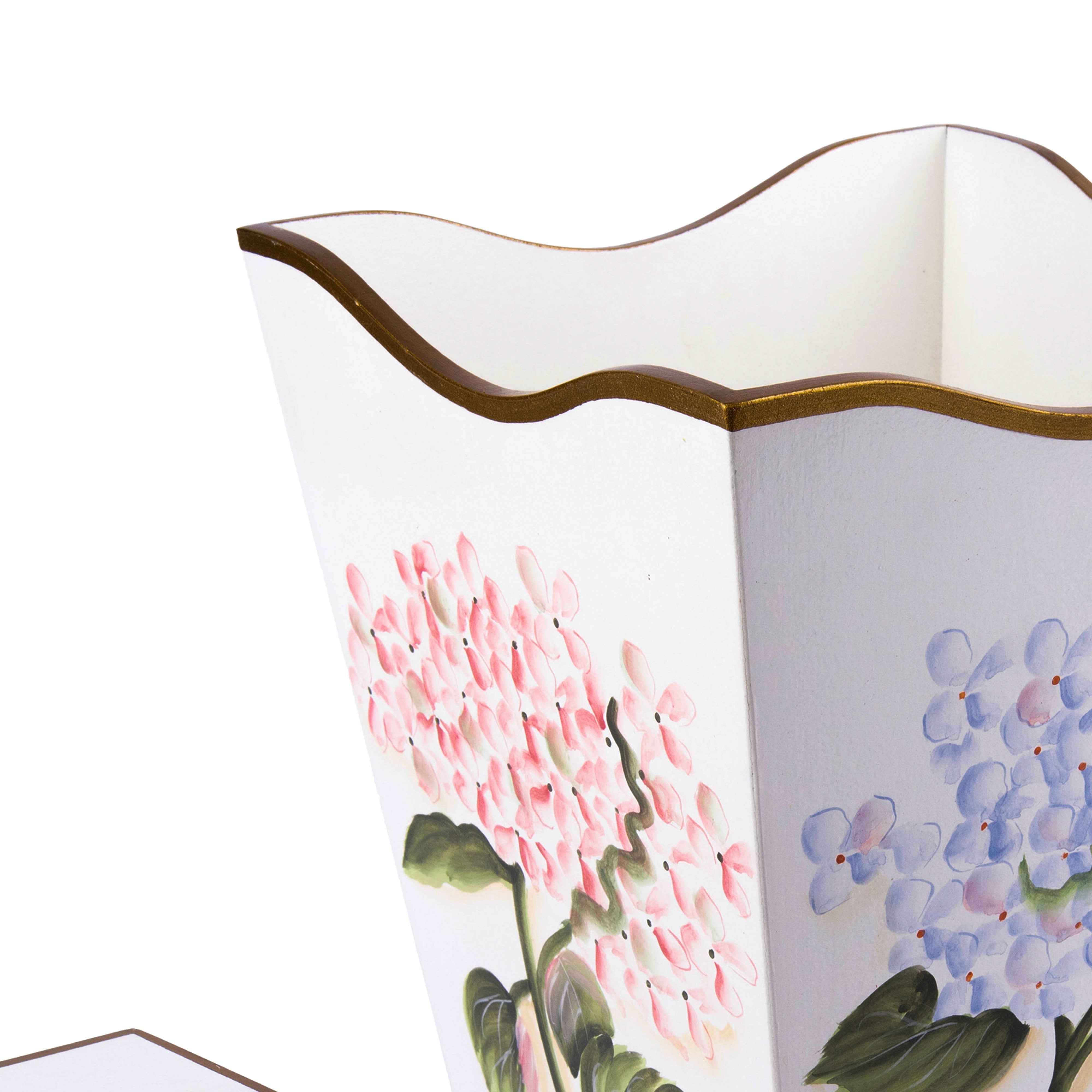 Allen G Designs. Set of White Floral Wastebasket & Tissue Box