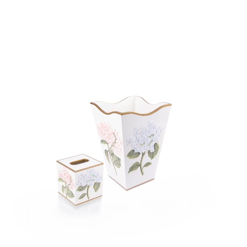 Allen G Designs. Set of White Floral Wastebasket & Tissue Box