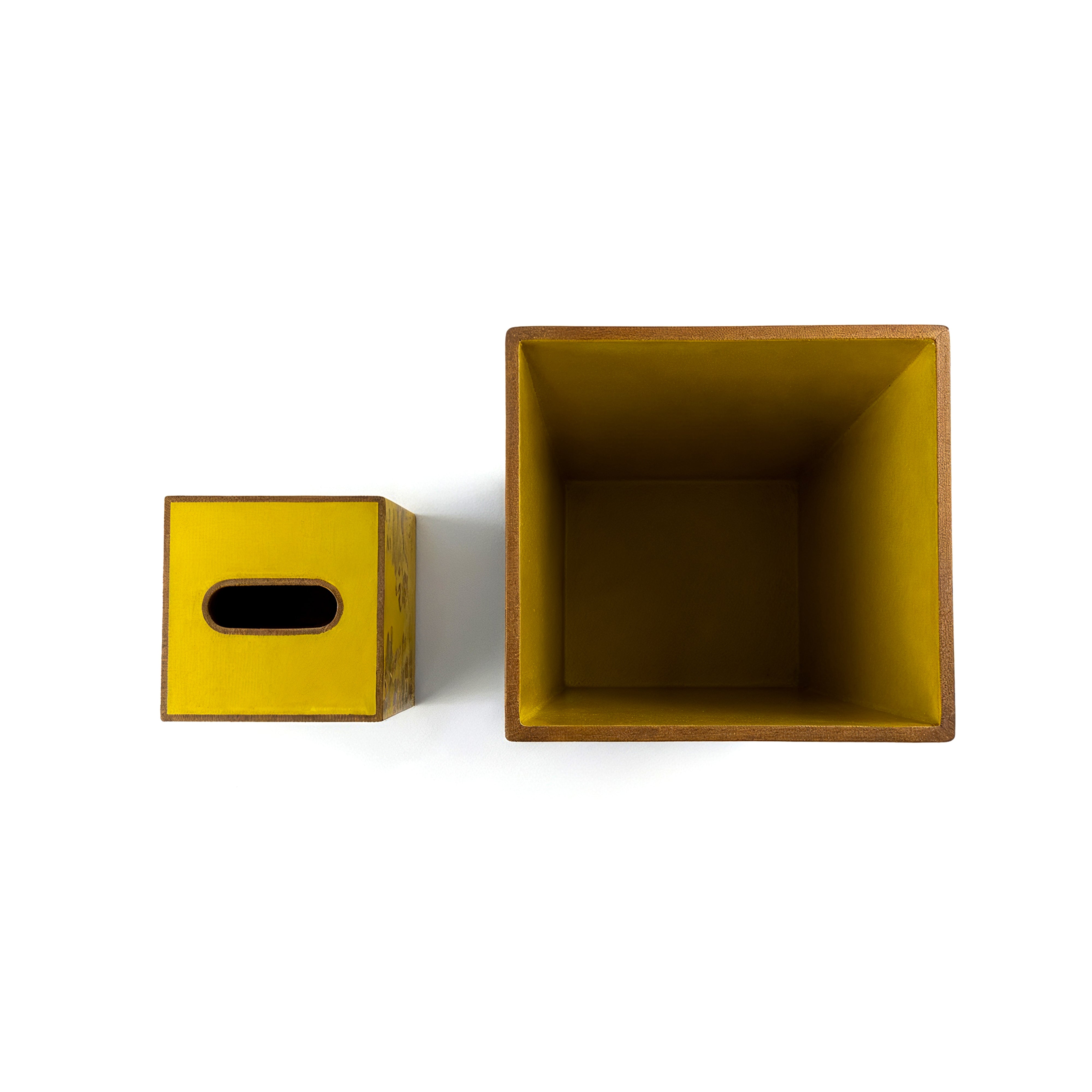 Allen G Designs. Set of Wastebasket & Tissue Box Designed with Yellow Meadow