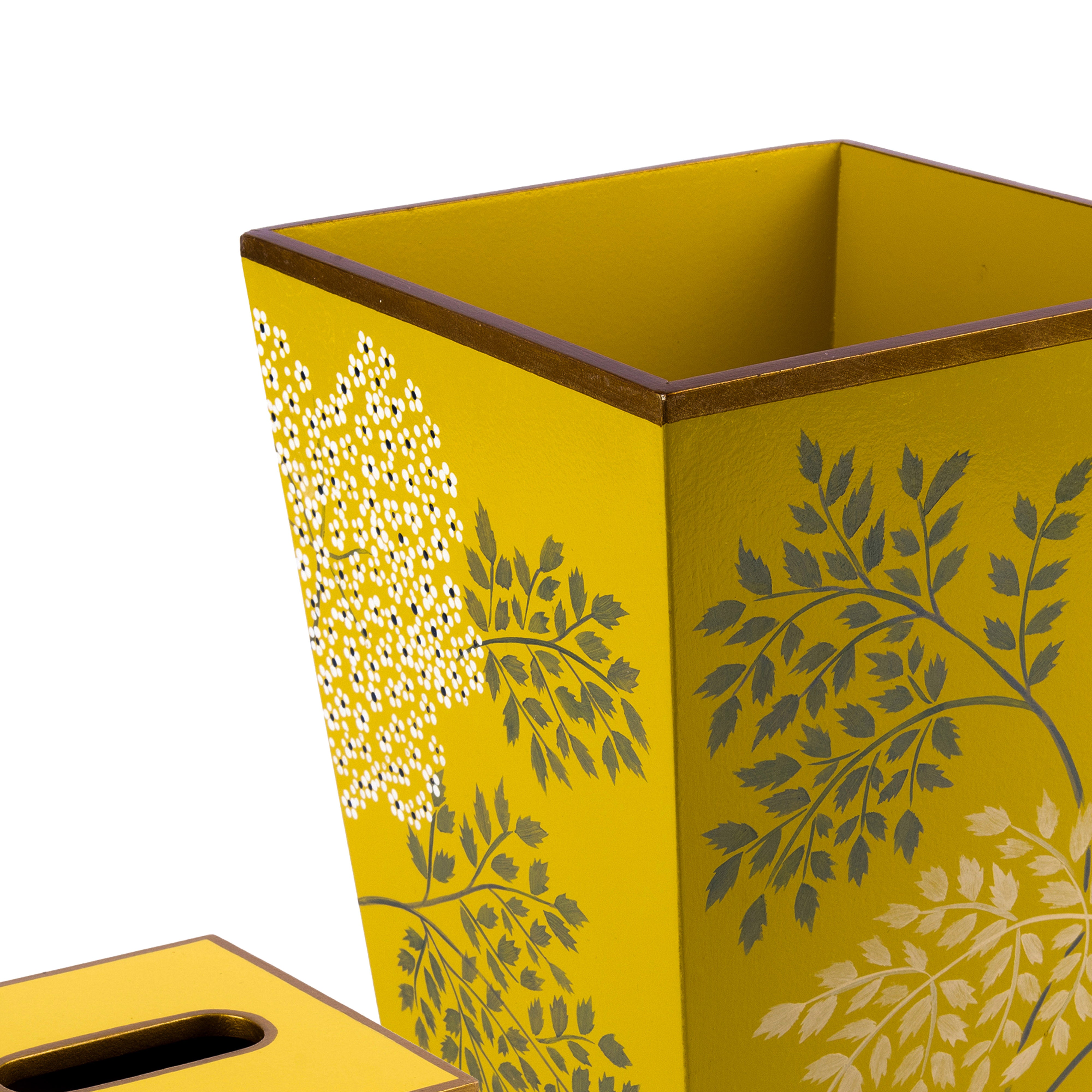 Allen G Designs. Set of Wastebasket & Tissue Box Designed with Yellow Meadow