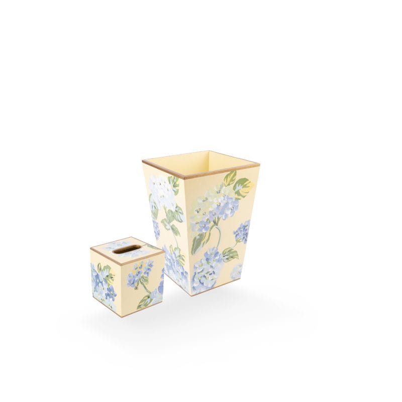 Allen G Designs. Set of Wastebasket & Tissue Box Designed with Blue Hydrangea
