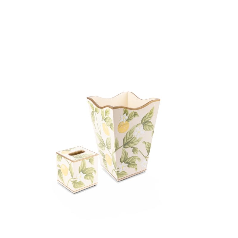 Allen G Designs. Set of White Wastebasket & Tissue Box Featuring Lemon Design