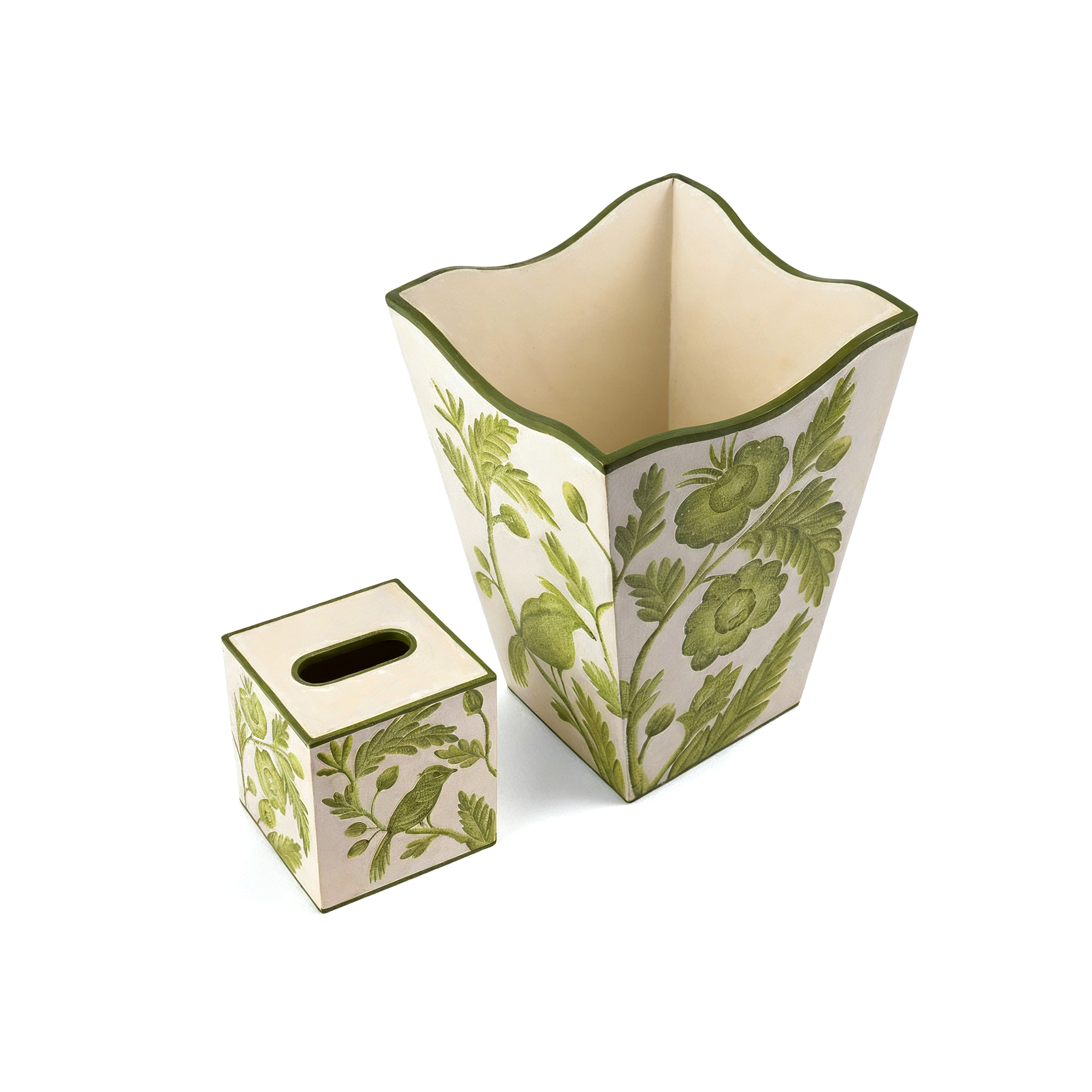 Allen G Designs. Set of Green Floral Wastebasket & Tissue Box