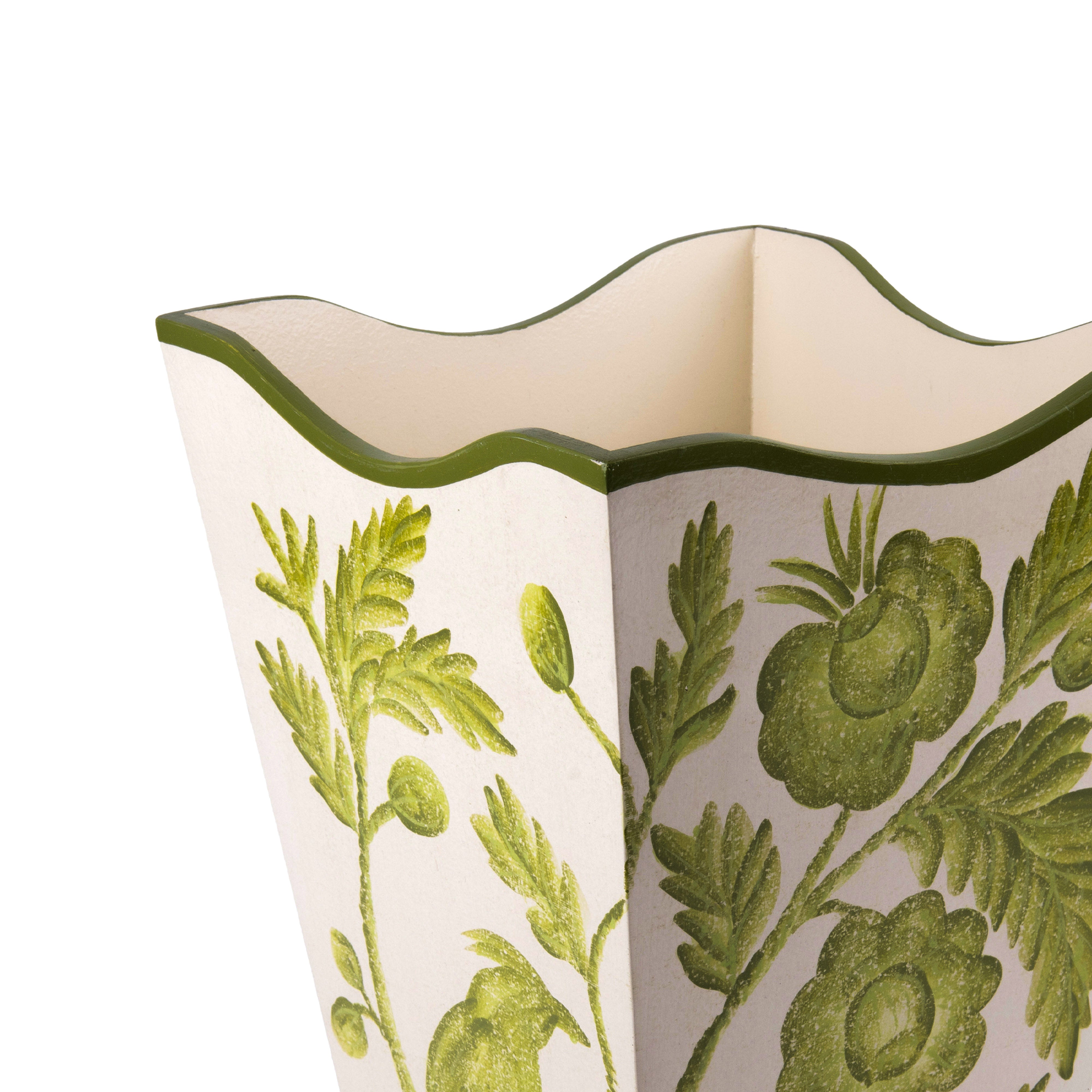 Allen G Designs. Set of Green Floral Wastebasket & Tissue Box