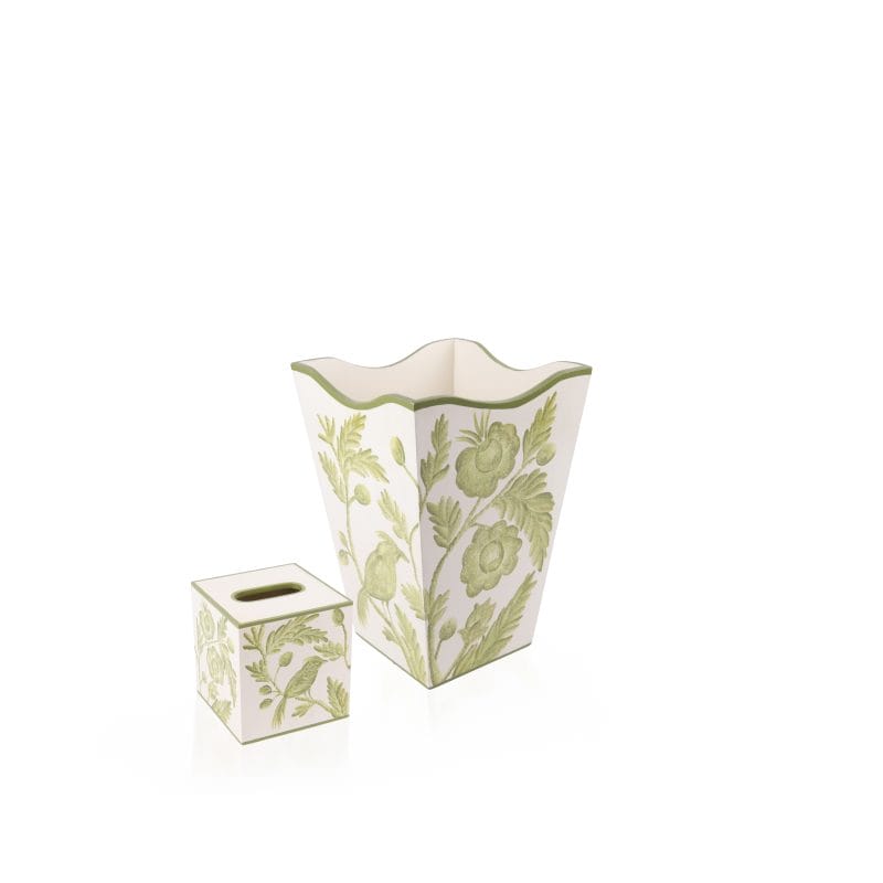 Allen G Designs. Set of Green Floral Wastebasket & Tissue Box
