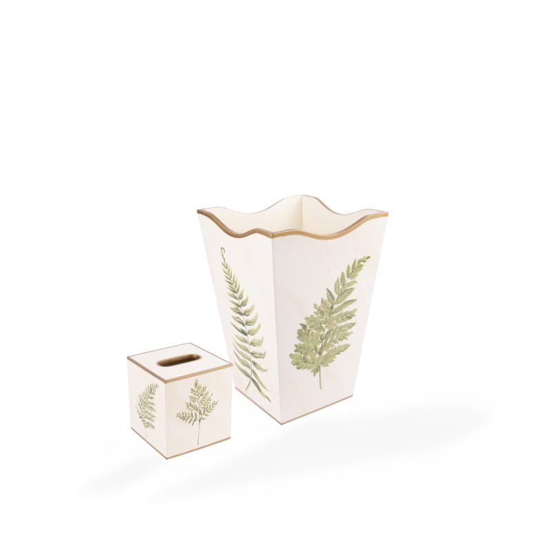 Allen G Designs. Set of Wastebasket & Tissue Box Featuring Green leaves