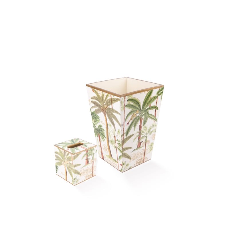 Allen G Designs. Set of Wastebasket & Tissue Box Designed with Palm Trees