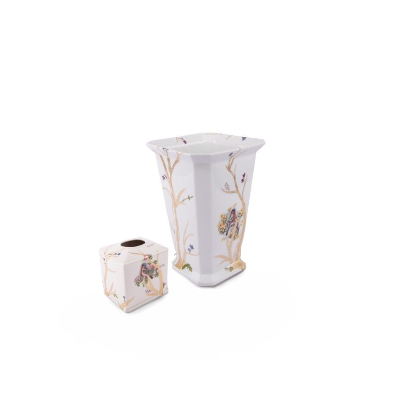 Mangani 1958. Set of Porcelain Tissue Box and Wastebasket Featuring A Bird