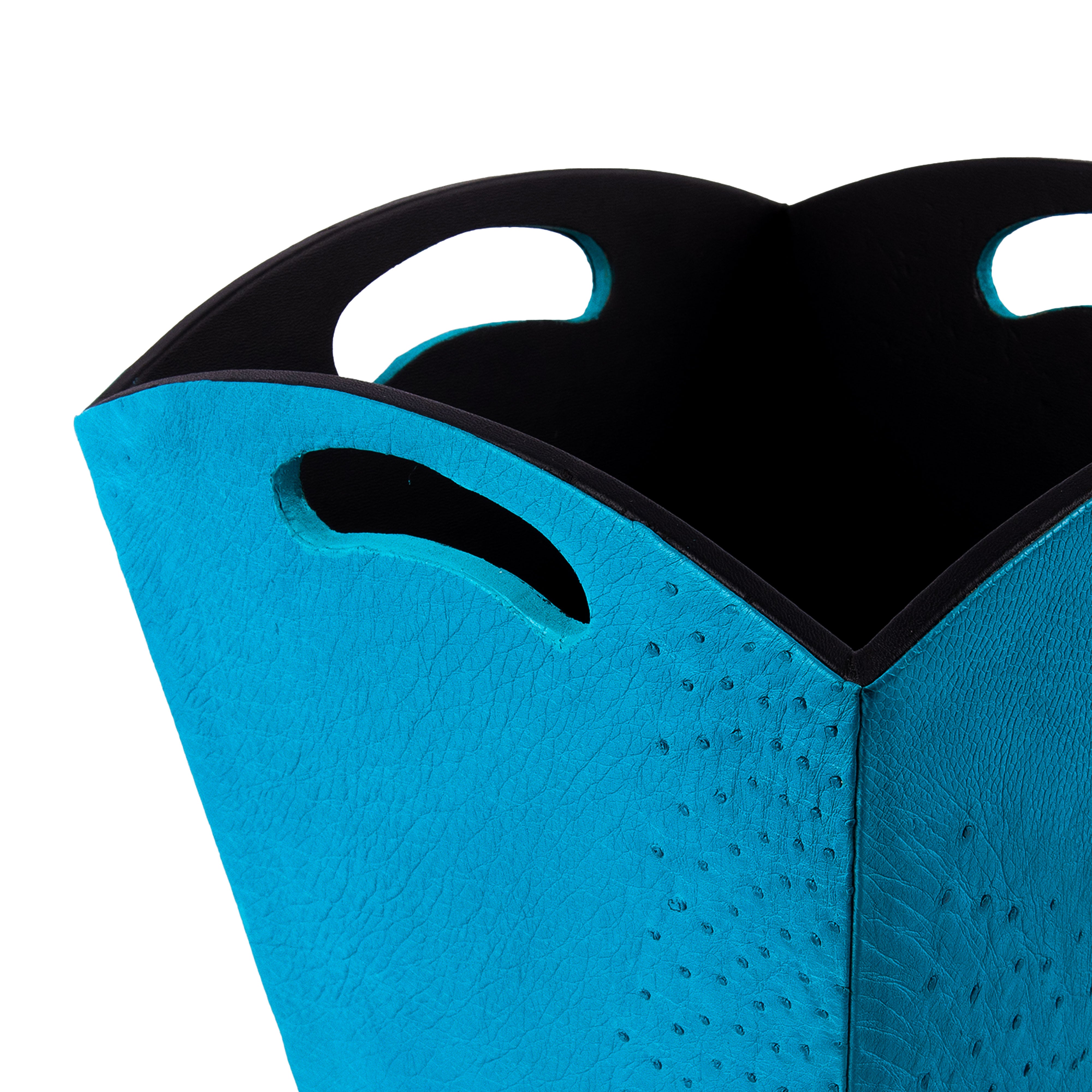 Kurgan Kenani Leather. A Set of Turquoise Blue Leather and Wood Tissue Box & Wastebasket.