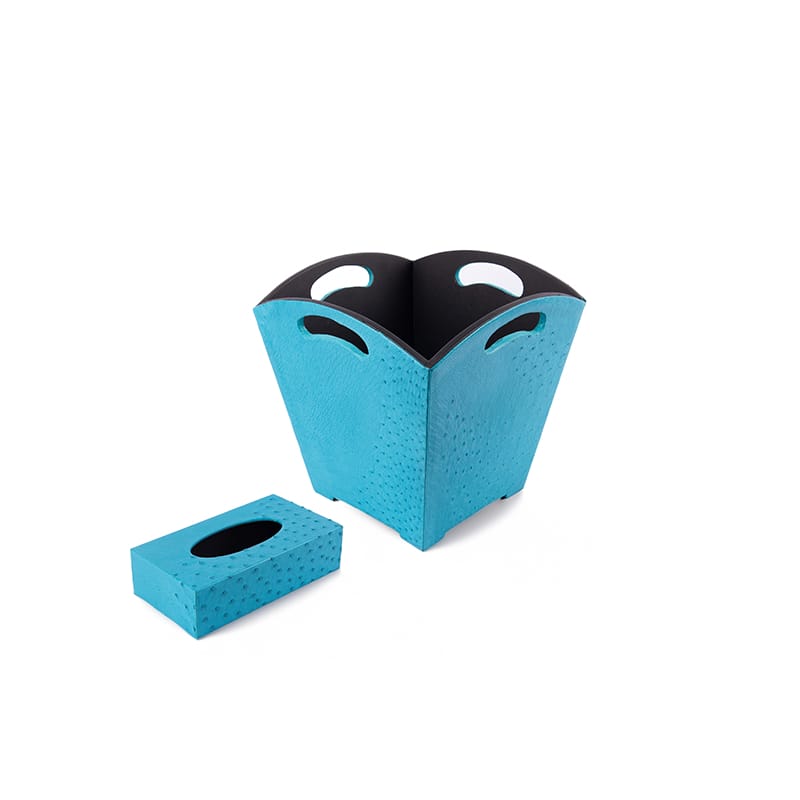 Kurgan Kenani Leather. A Set of Turquoise Blue Leather and Wood Tissue Box & Wastebasket.