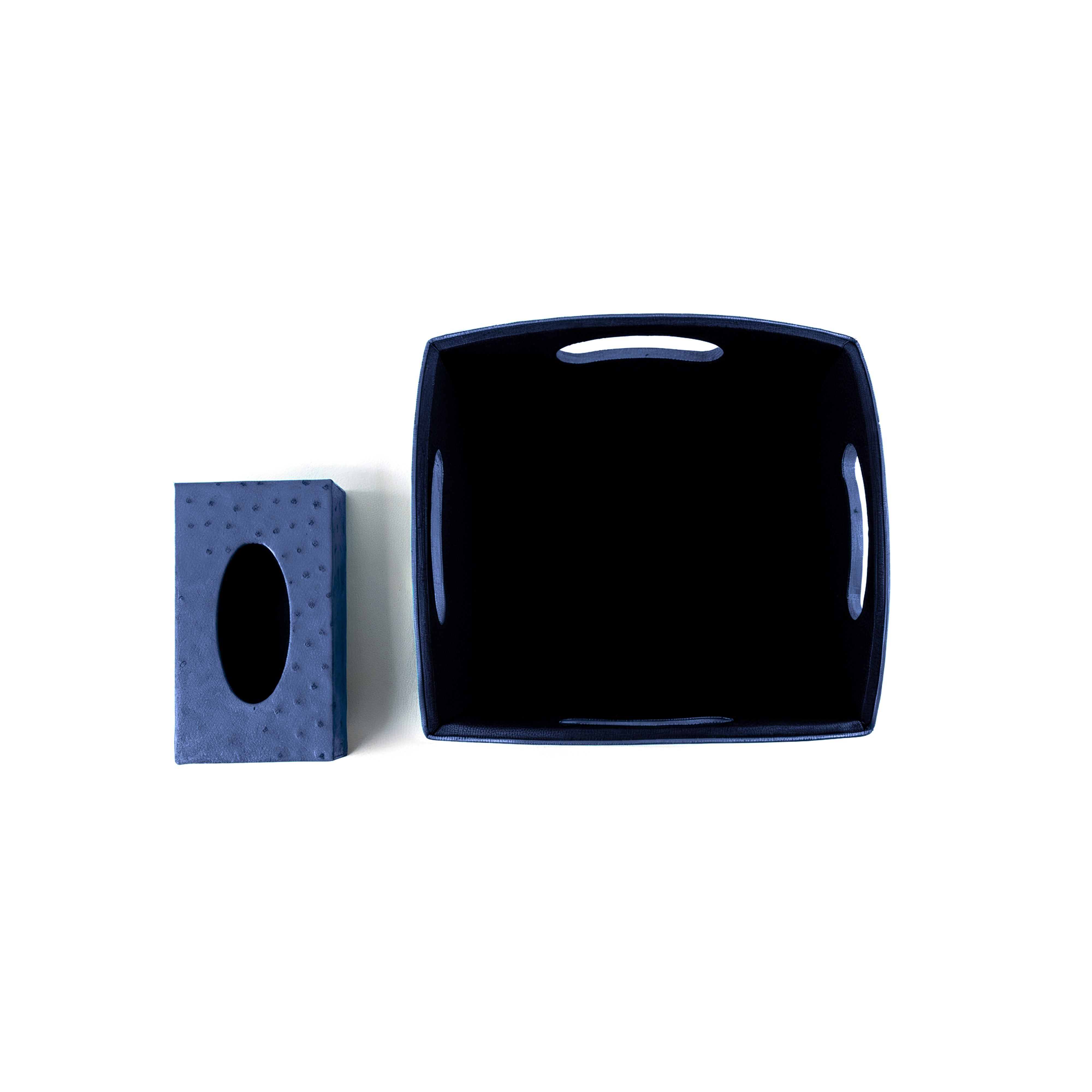 Kurgan Kenani Leather. A Set of Blue Dotted Leather Tissue Box & Wastebasket